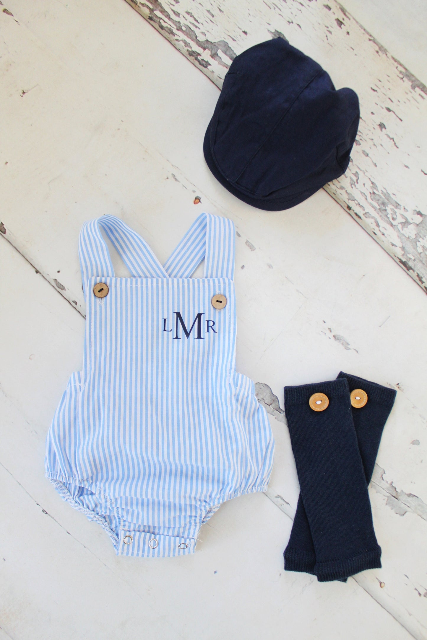 Summer Baby Boy Romper with Monogram or Name. Linen like or Seersucker Newborn Baby Boy Coming Home Outfit, 1st Birthday Outfit Newsboy Hat