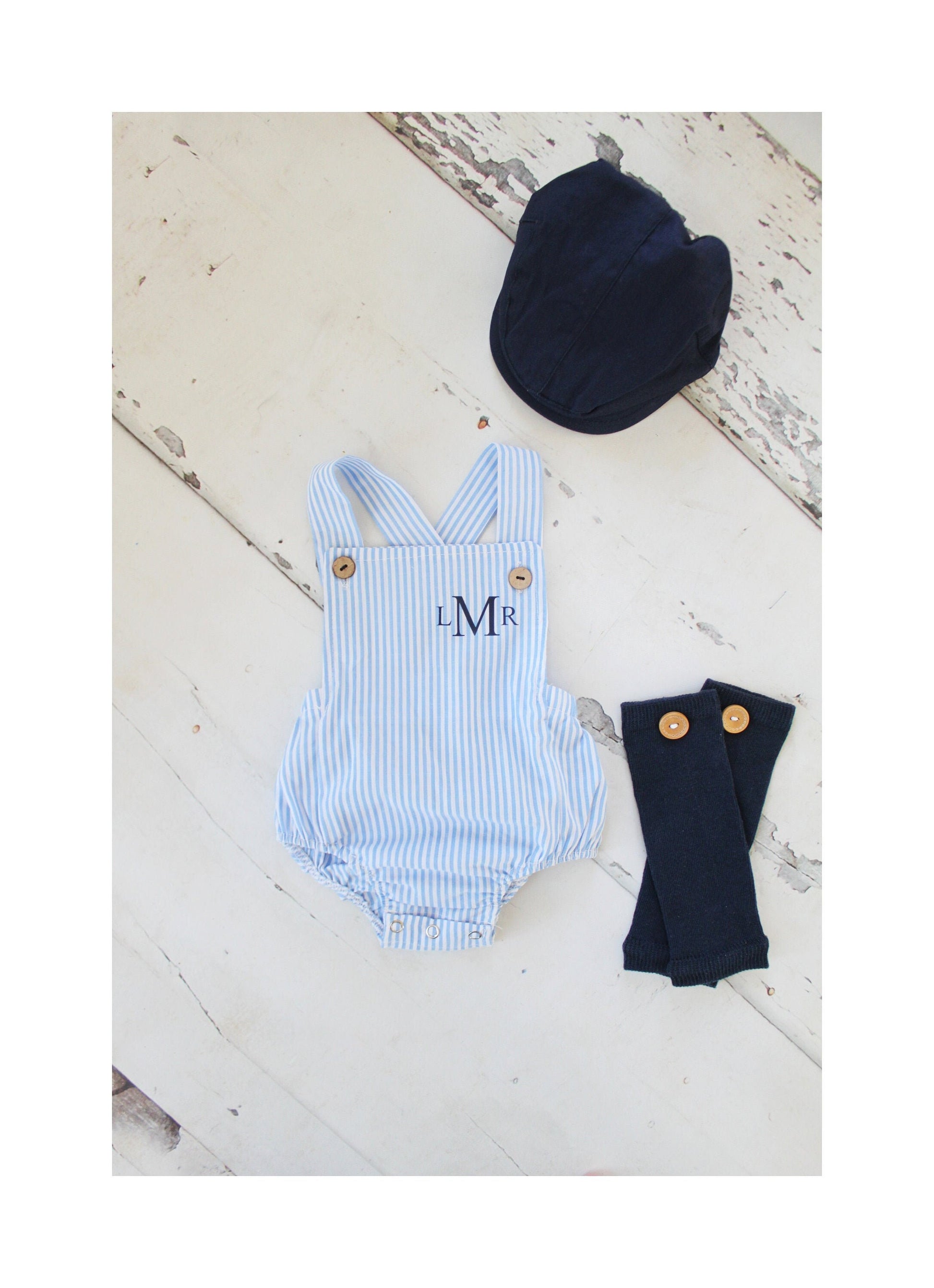 Summer Baby Boy Romper with Monogram or Name. Seersucker Newborn Baby Boy Coming Home Outfit, 1st Birthday Outfit Summertime Newsboy Hat