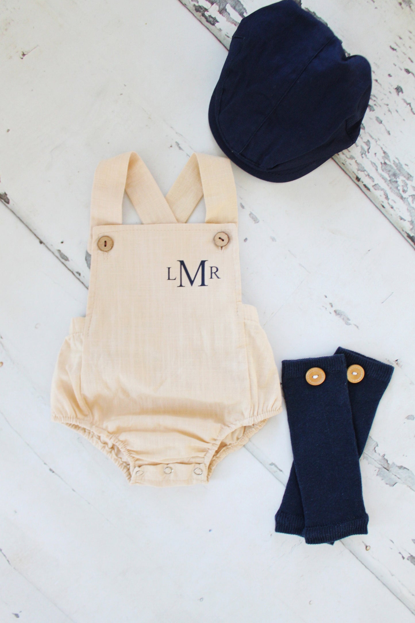 Easter Spring Baby Boy Romper with Monogram or Name Khaki Linen Like Newborn Baby Boy Coming Home Outfit 1st Birthday Outfit Newsboy Hat