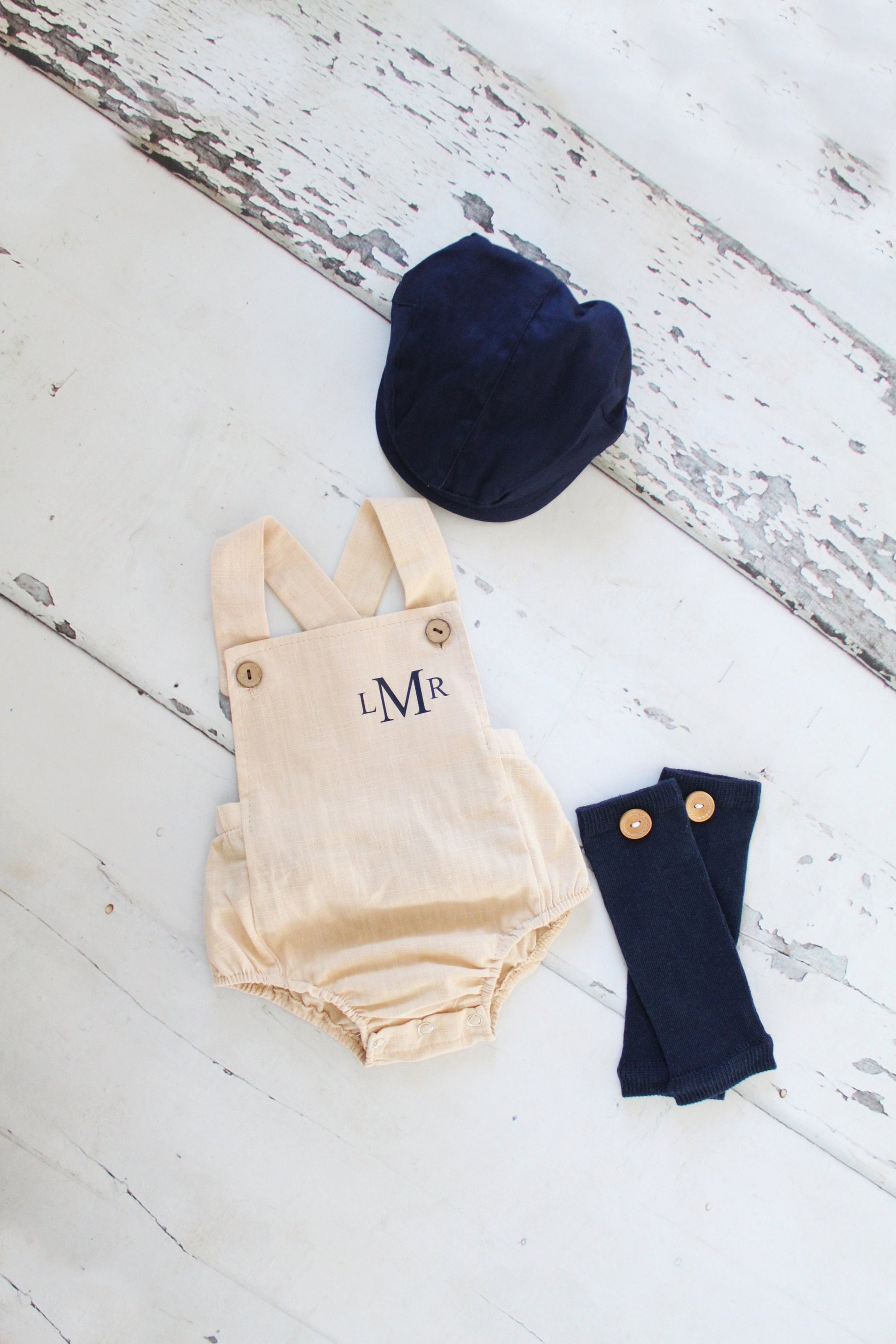 Easter Spring Baby Boy Romper with Monogram or Name Khaki Linen Like Newborn Baby Boy Coming Home Outfit 1st Birthday Outfit Newsboy Hat