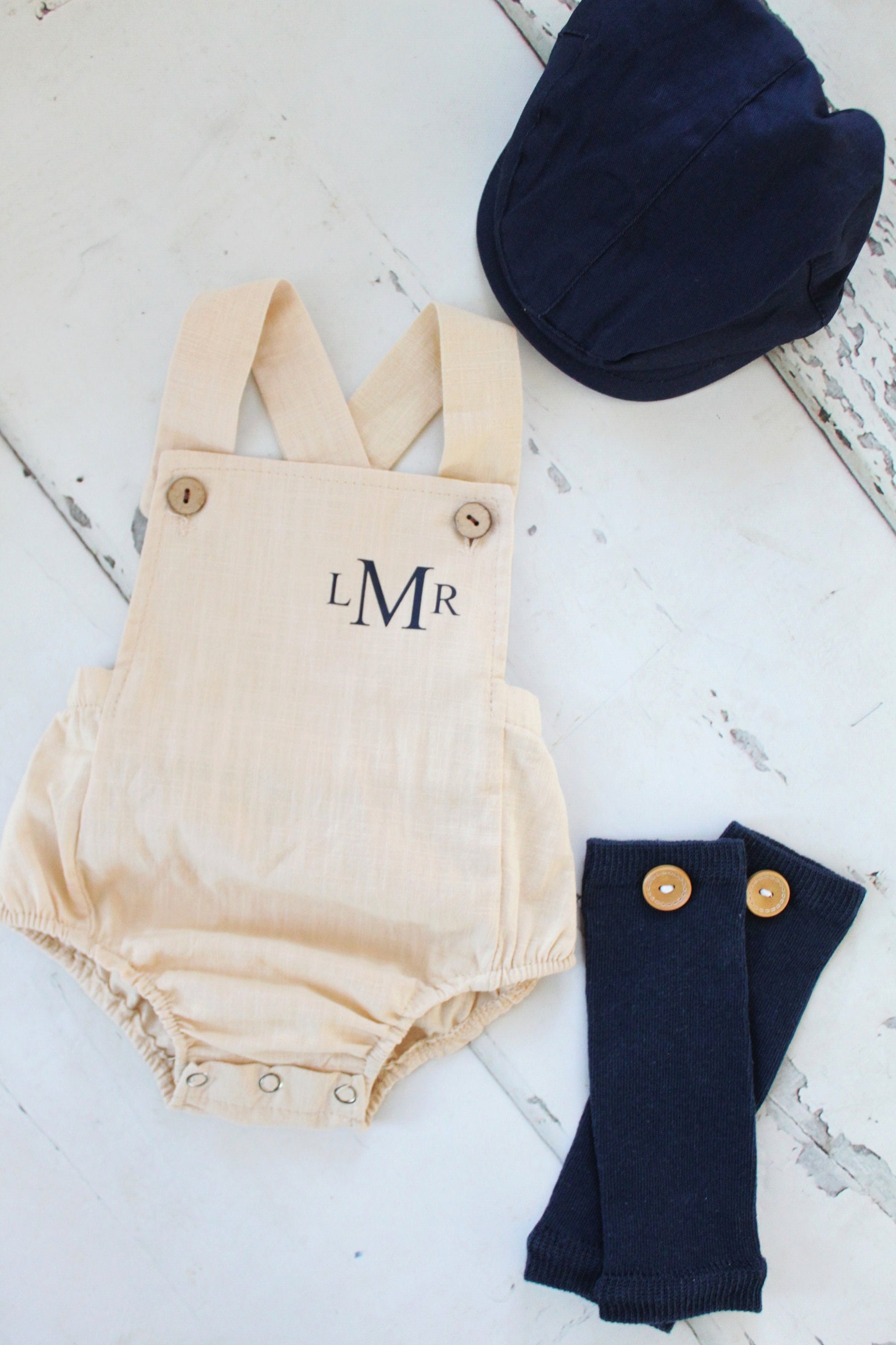 Easter Spring Baby Boy Romper with Monogram or Name Khaki Linen Like Newborn Baby Boy Coming Home Outfit 1st Birthday Outfit Newsboy Hat