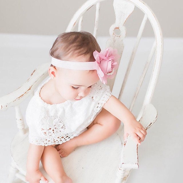 Summer Boho Chic White Lace Cold Shoulder Birthday Romper Sash & Headband. Newborn Baby Girl Coming Home Outfit, 1st Birthday, Mommy Me Tan