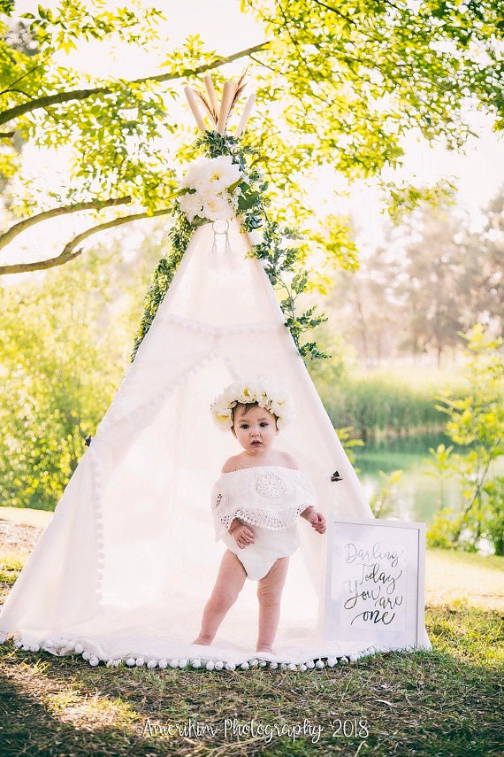 Summer Boho Chic White Lace Cold Shoulder Birthday Romper Sash & Headband. Newborn Baby Girl Coming Home Outfit, 1st Birthday, Mommy Me Tan