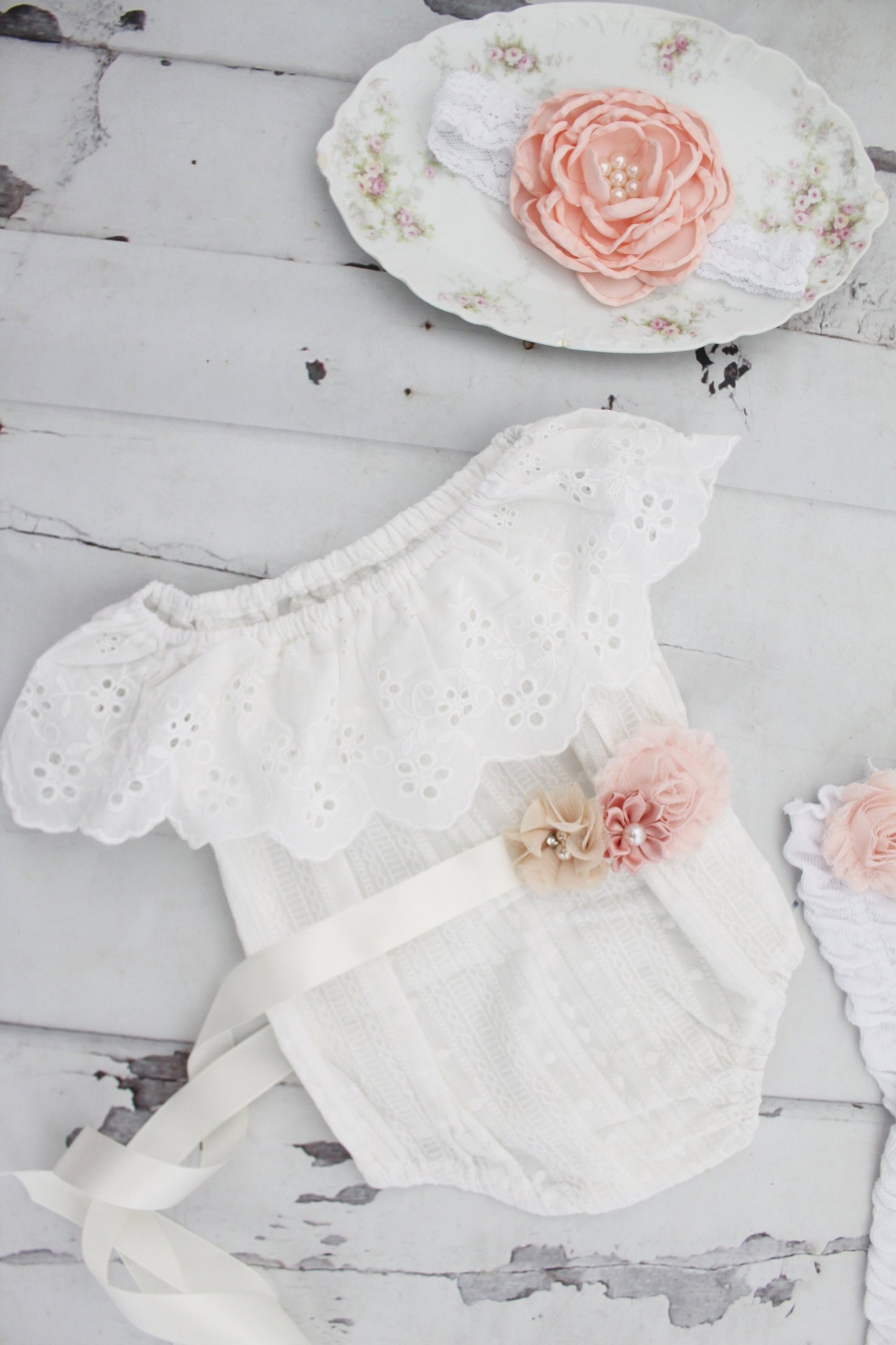 Summer Boho Chic White Lace Cold Shoulder Birthday Romper Sash & Headband. Newborn Baby Girl Coming Home Outfit, 1st Birthday, Mommy Me Tan