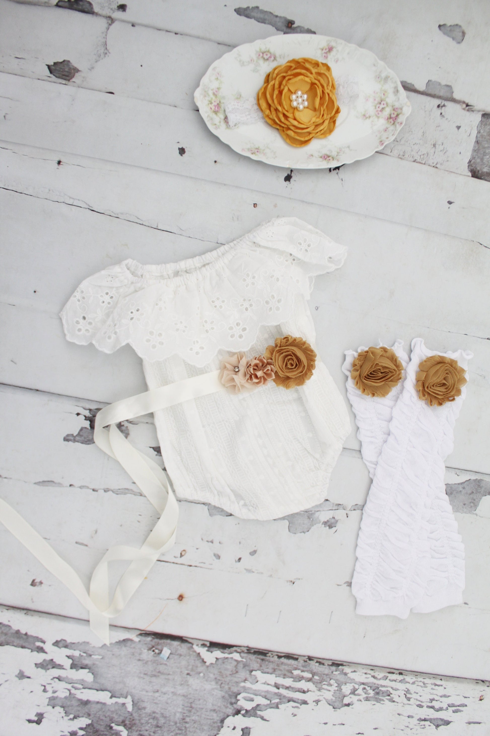 Summer Boho Chic White Lace Cold Shoulder Birthday Romper Sash & Headband. Newborn Baby Girl Coming Home Outfit, 1st Birthday, Mommy Me Tan