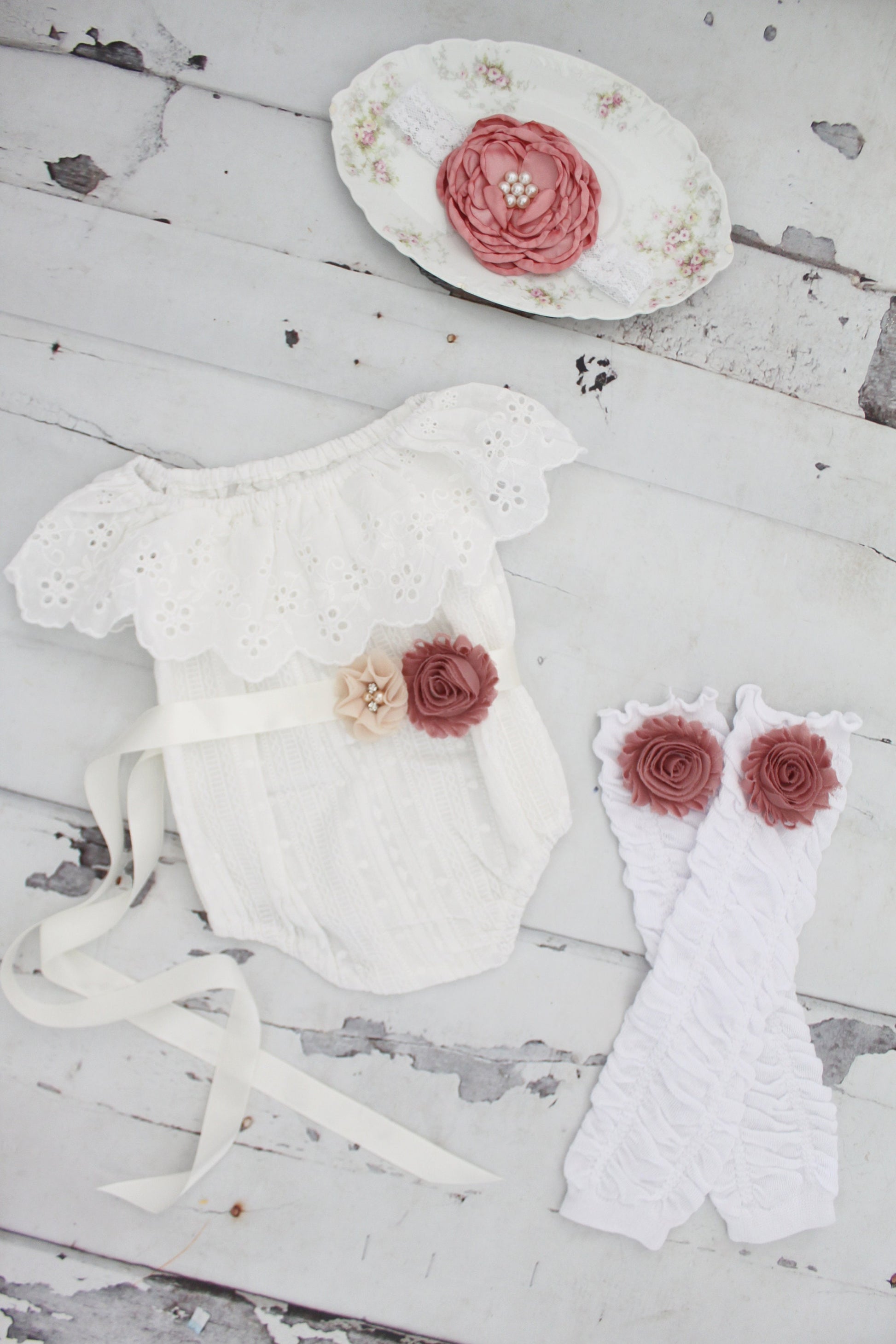 Summer Boho Chic White Lace Cold Shoulder Birthday Romper Sash & Headband. Newborn Baby Girl Coming Home Outfit, 1st Birthday, Mommy Me Tan