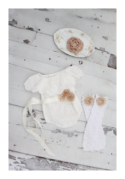 Summer Boho Chic White Lace Cold Shoulder Birthday Romper Sash & Headband. Newborn Baby Girl Coming Home Outfit, 1st Birthday, Mommy Me Tan