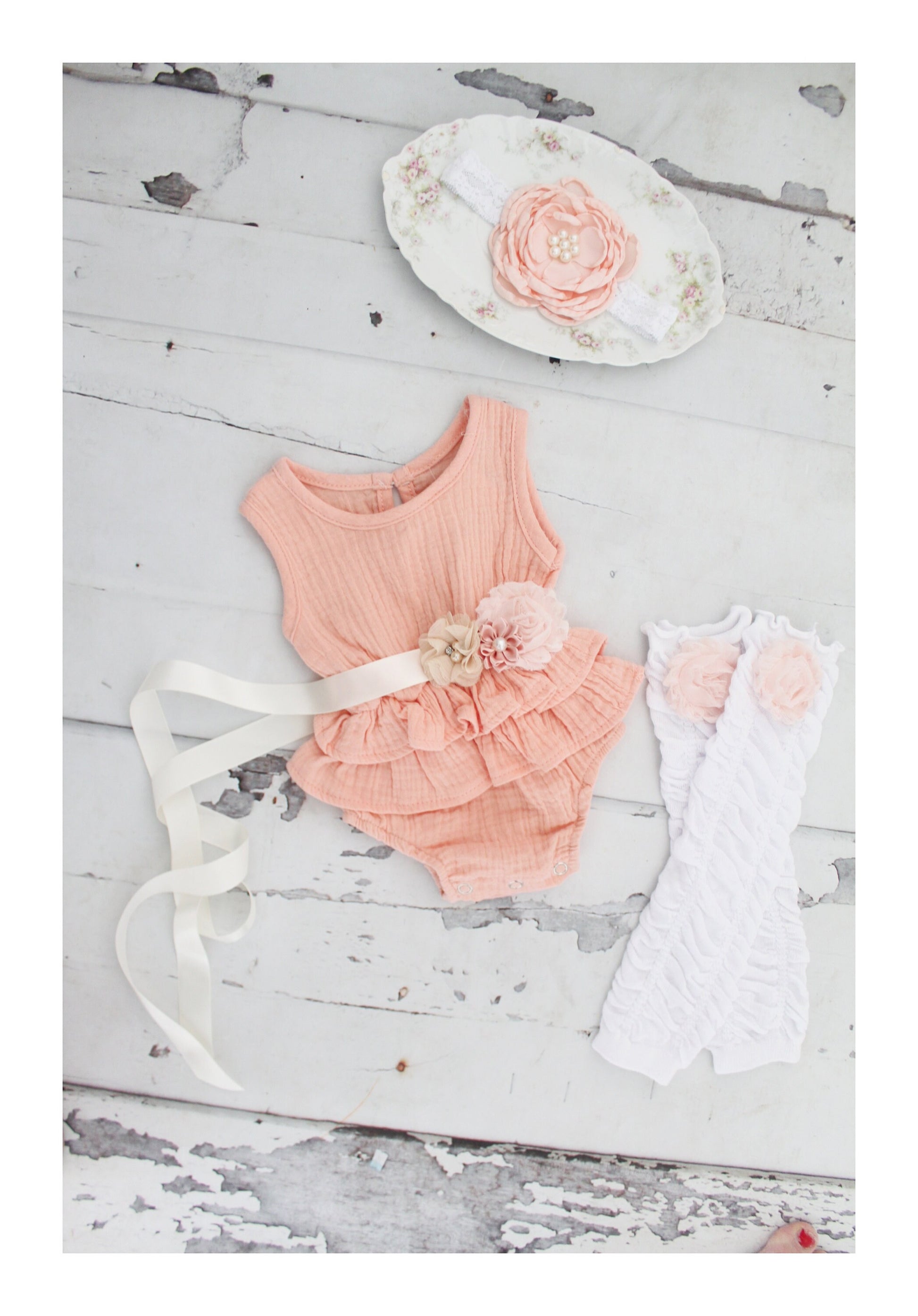 Summer Boho Chic Pink Ruffle Romper w Blush Sash & Headband. Easter Spring Newborn Baby Girl Coming Home Outfit, 1st Birthday, Mommy me