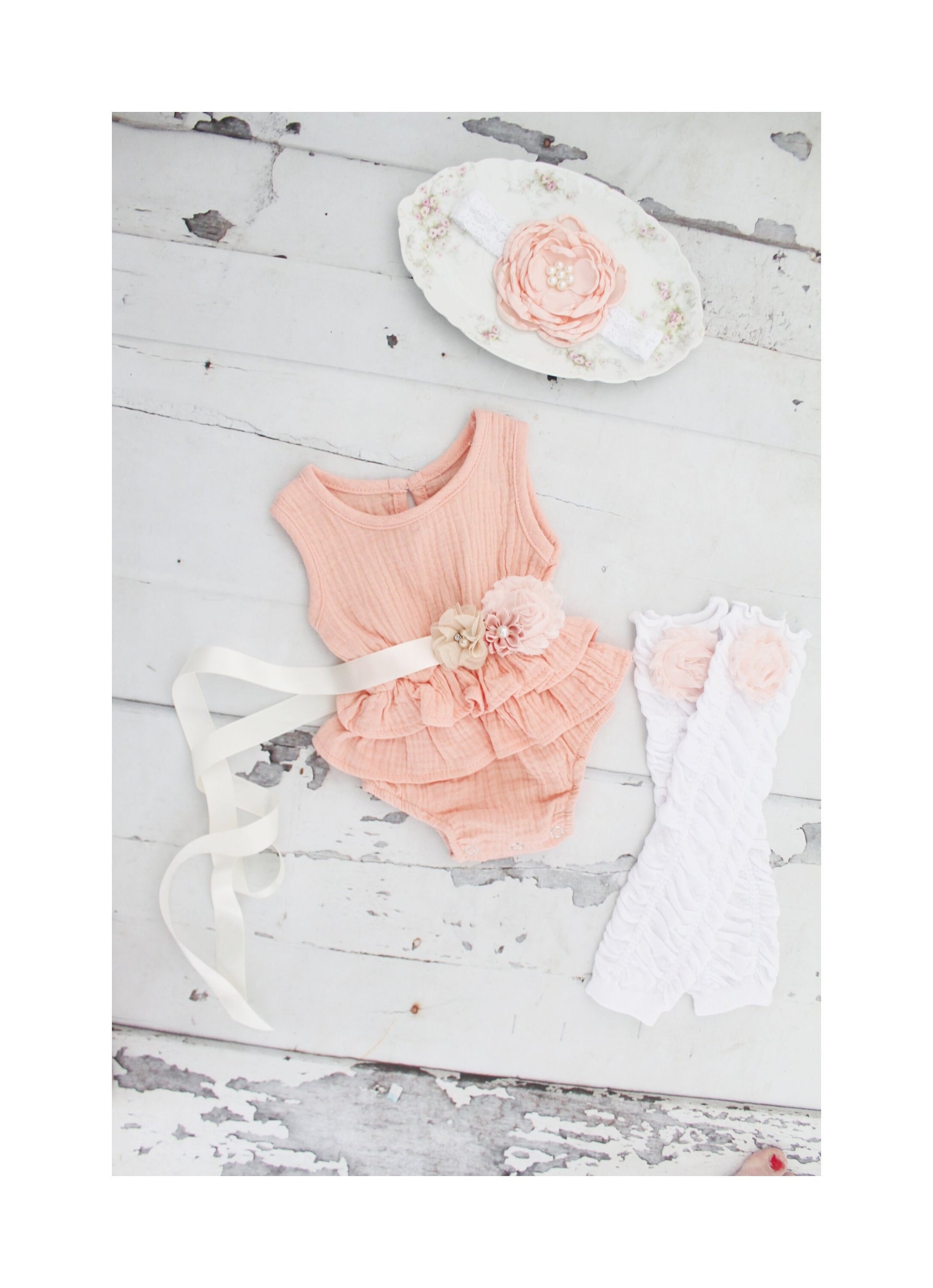 Summer Boho Chic Pink Ruffle Romper w Blush Sash & Headband. Easter Spring Newborn Baby Girl Coming Home Outfit, 1st Birthday, Mommy me