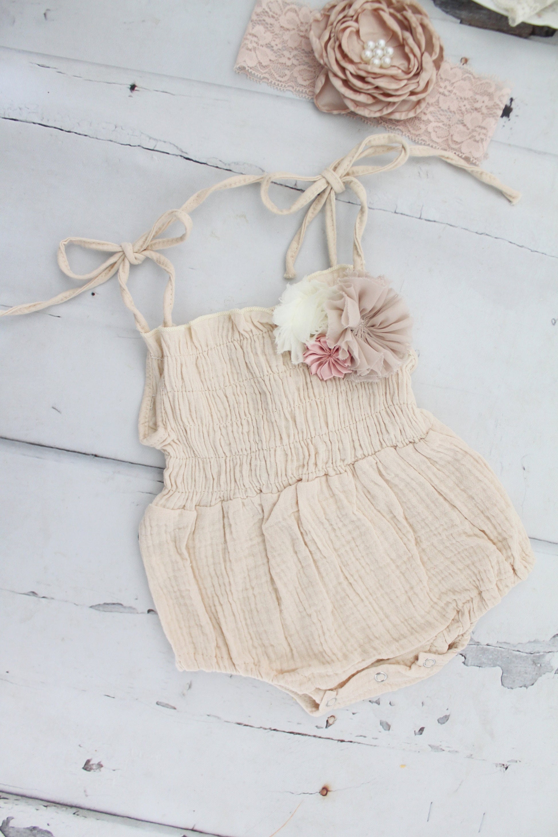 Fall Birthday Boho Smocked Romper w Floral Clip & Headband. Coming Home Outfit, 1st Birthday Outfit Mommy Me Newborn Baby Girl Photo Prop