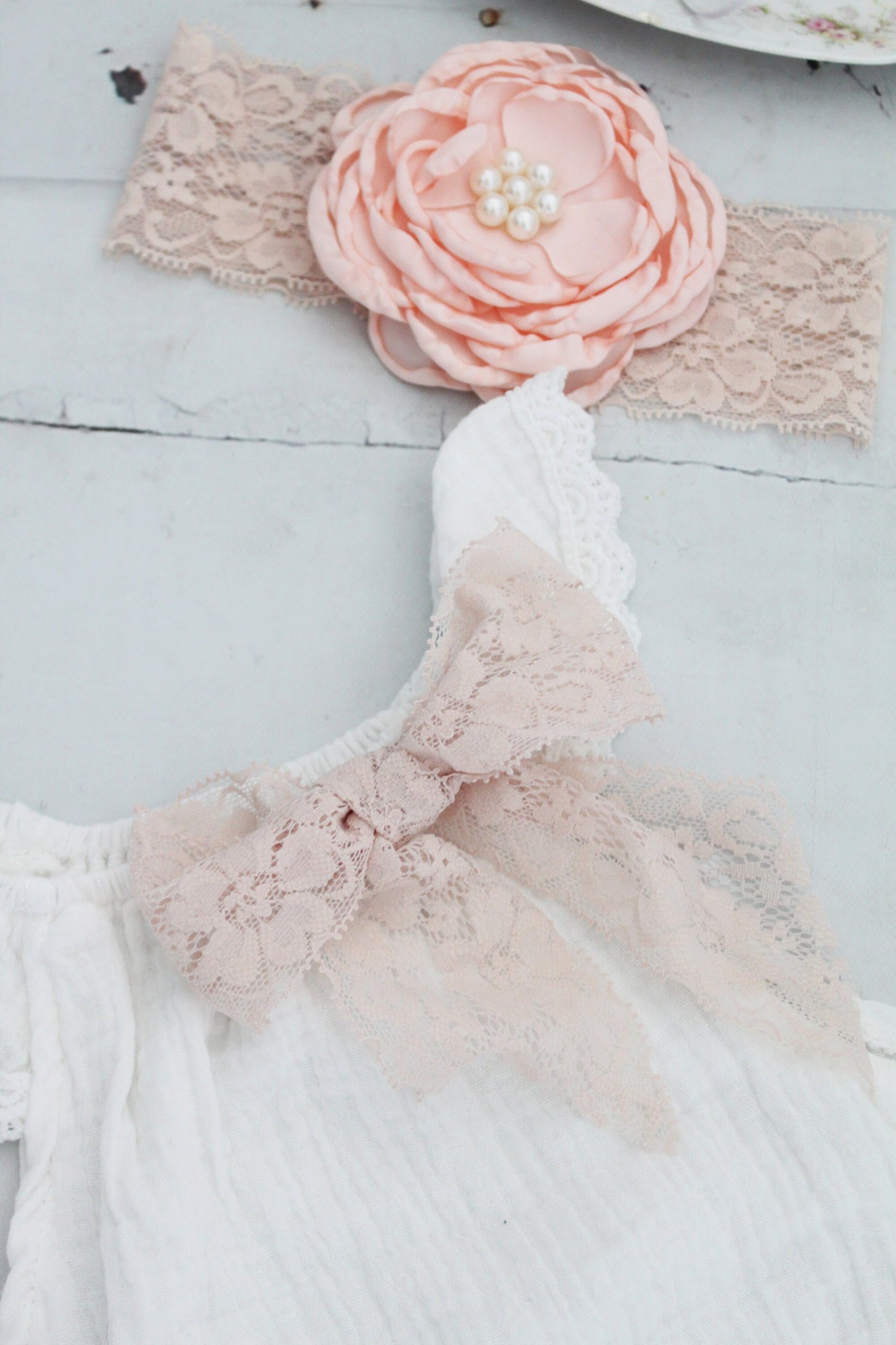 Summer Boho Chic White Lace Romper w Blush Lace Bow & Headband. Newborn Baby Girl Coming Home Outfit 1st Birthday Outfit Summertime Mommy me