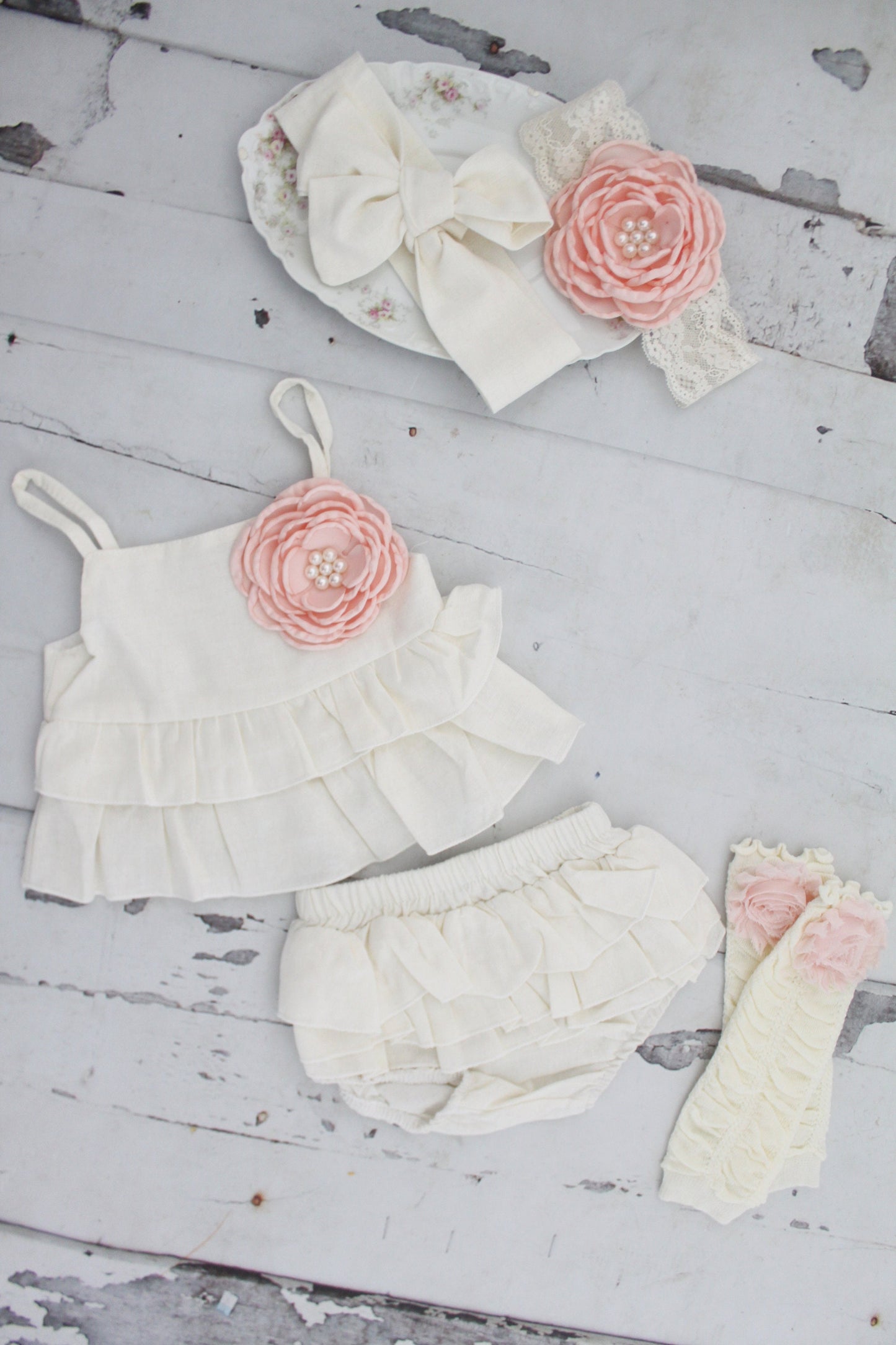 Summer Boho Baby Girl Ruffle Linen Like Sunsuit Romper, Diaper Cover, Rose Clip & Headband Newborn Coming Home Outfit 1st Birthday Outfit