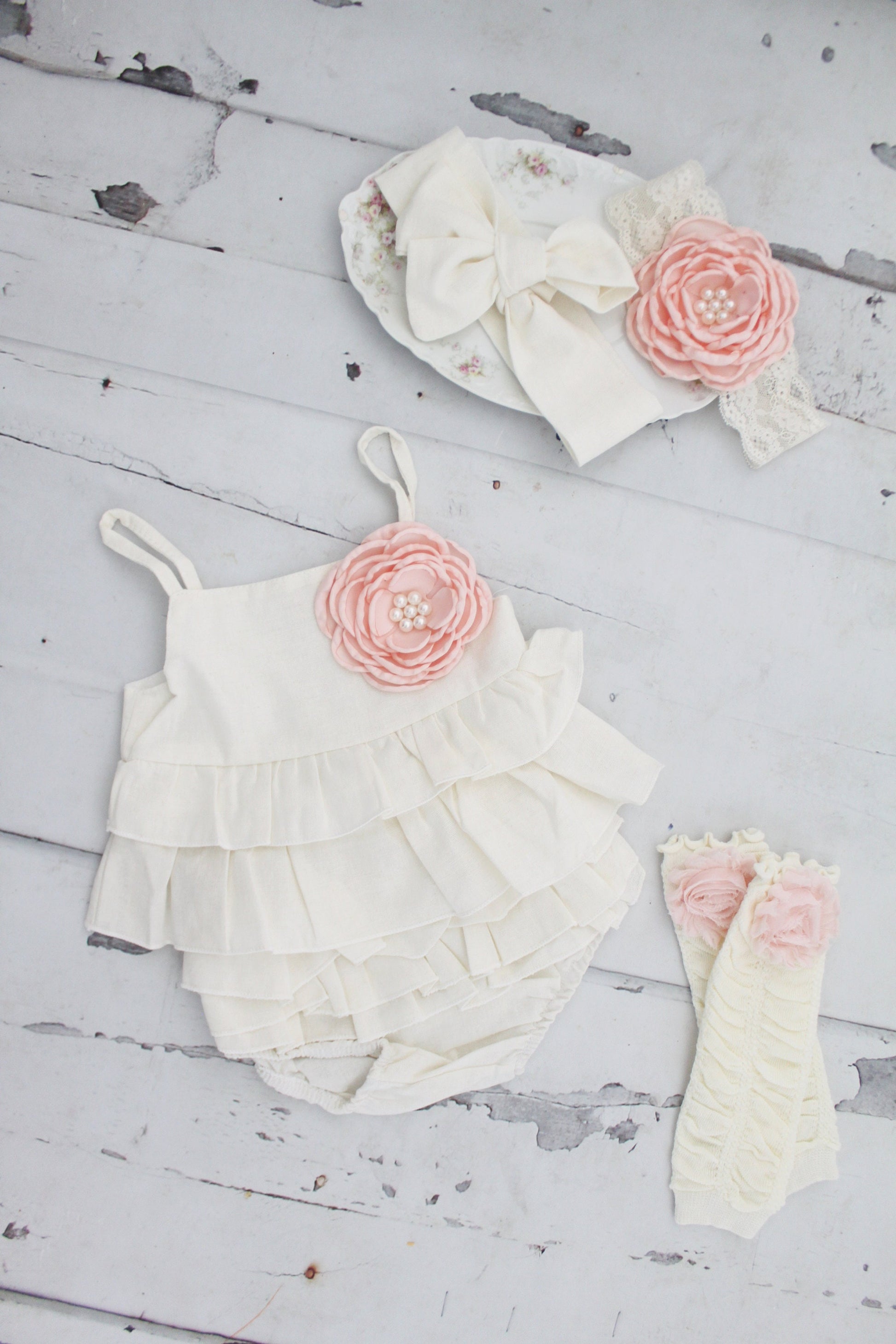 Summer Boho Baby Girl Ruffle Linen Like Sunsuit Romper, Diaper Cover, Rose Clip & Headband Newborn Coming Home Outfit 1st Birthday Outfit