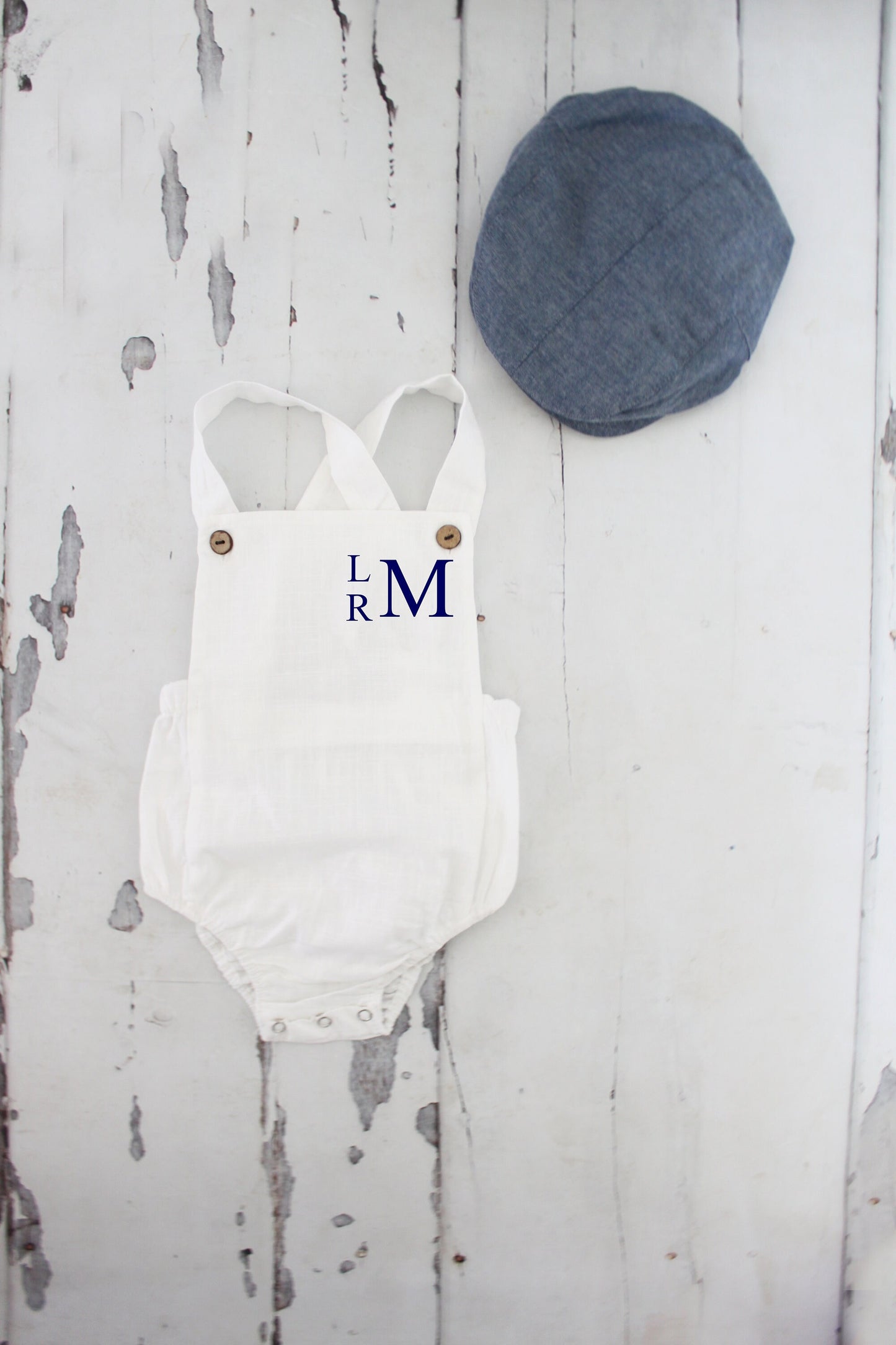 Summer Baby Boy White Romper with Monogram or Name. Linen like Newborn Baby Boy Coming Home Outfit, 1st Birthday Outfit Newsboy Hat Baptism