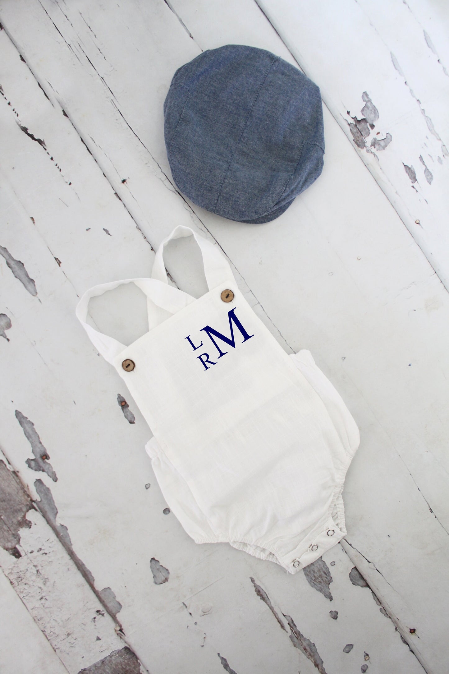 Summer Baby Boy White Romper with Monogram or Name. Linen like Newborn Baby Boy Coming Home Outfit, 1st Birthday Outfit Newsboy Hat Baptism