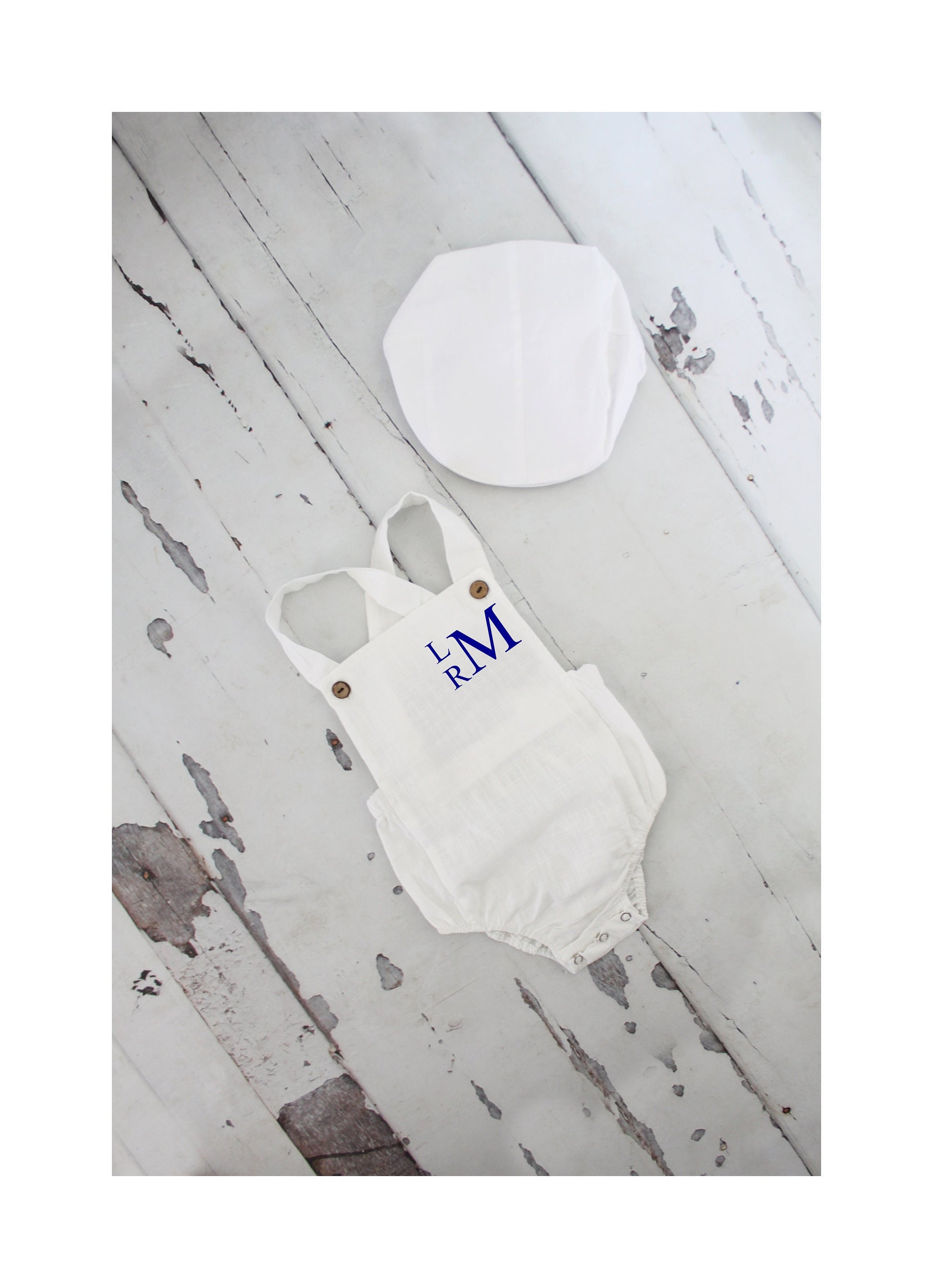 Summer Baby Boy White Romper with Monogram or Name. Linen like Newborn Baby Boy Coming Home Outfit, 1st Birthday Outfit Newsboy Hat Baptism