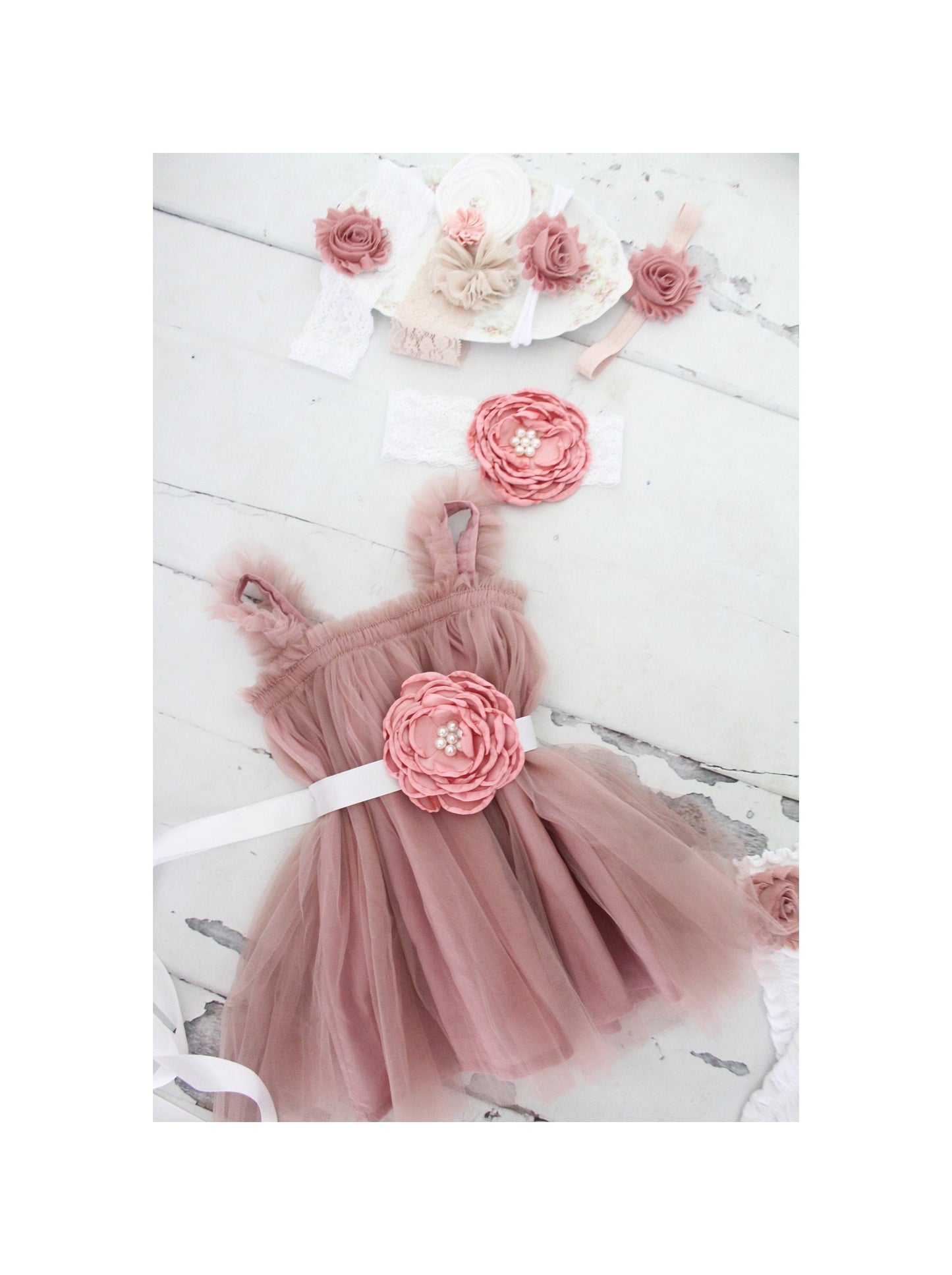 Easter Spring Baby Girl Boho Tulle Tutu Dress, Sash & Lace Rose Headband Valentines Day 1st Birthday Outfit Wedding Flower Girl Pink Chiffon