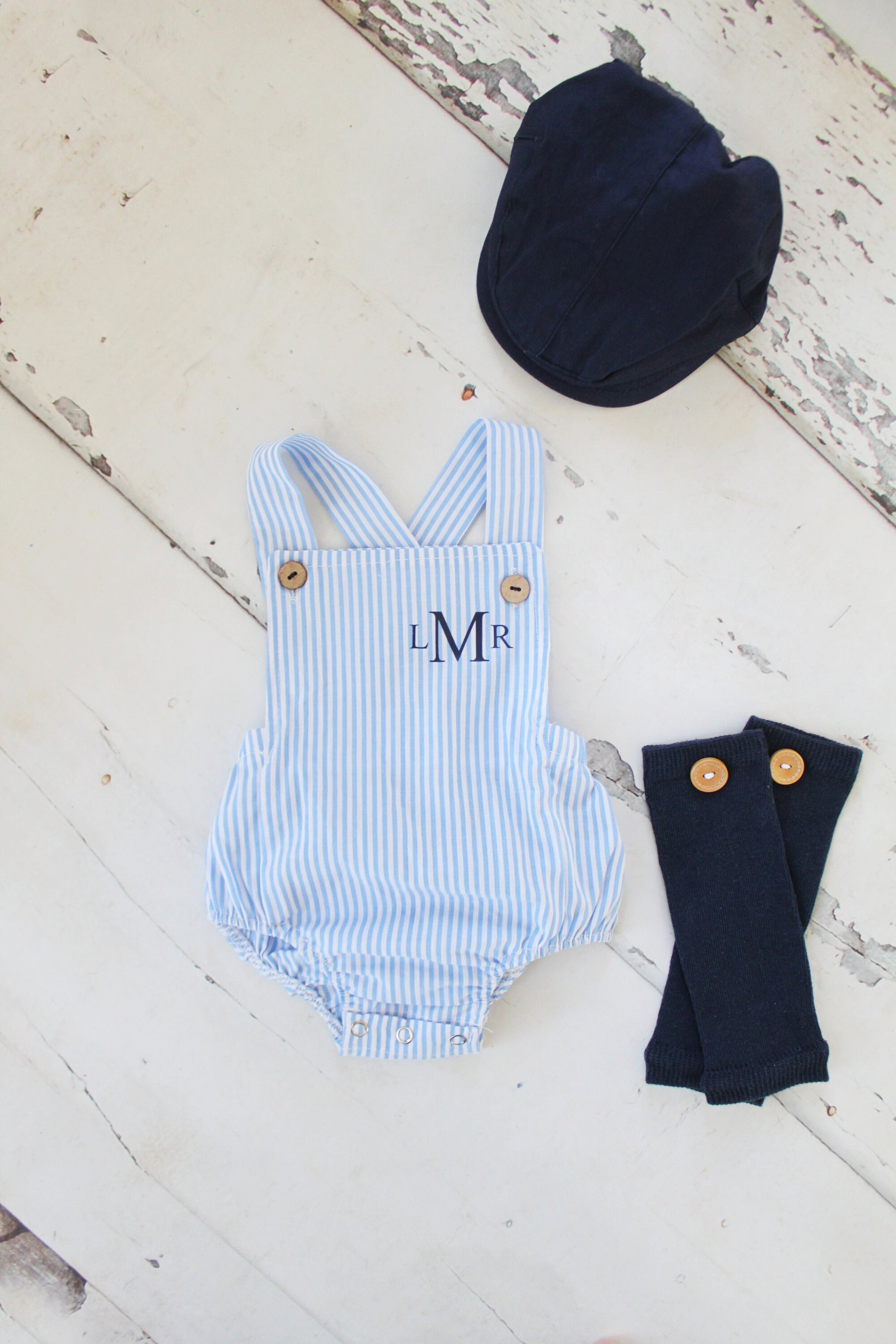 Summer Baby Boy Romper with Monogram or Name. Seersucker Newborn Baby Boy Coming Home Outfit, 1st Birthday Outfit Summertime Newsboy Hat