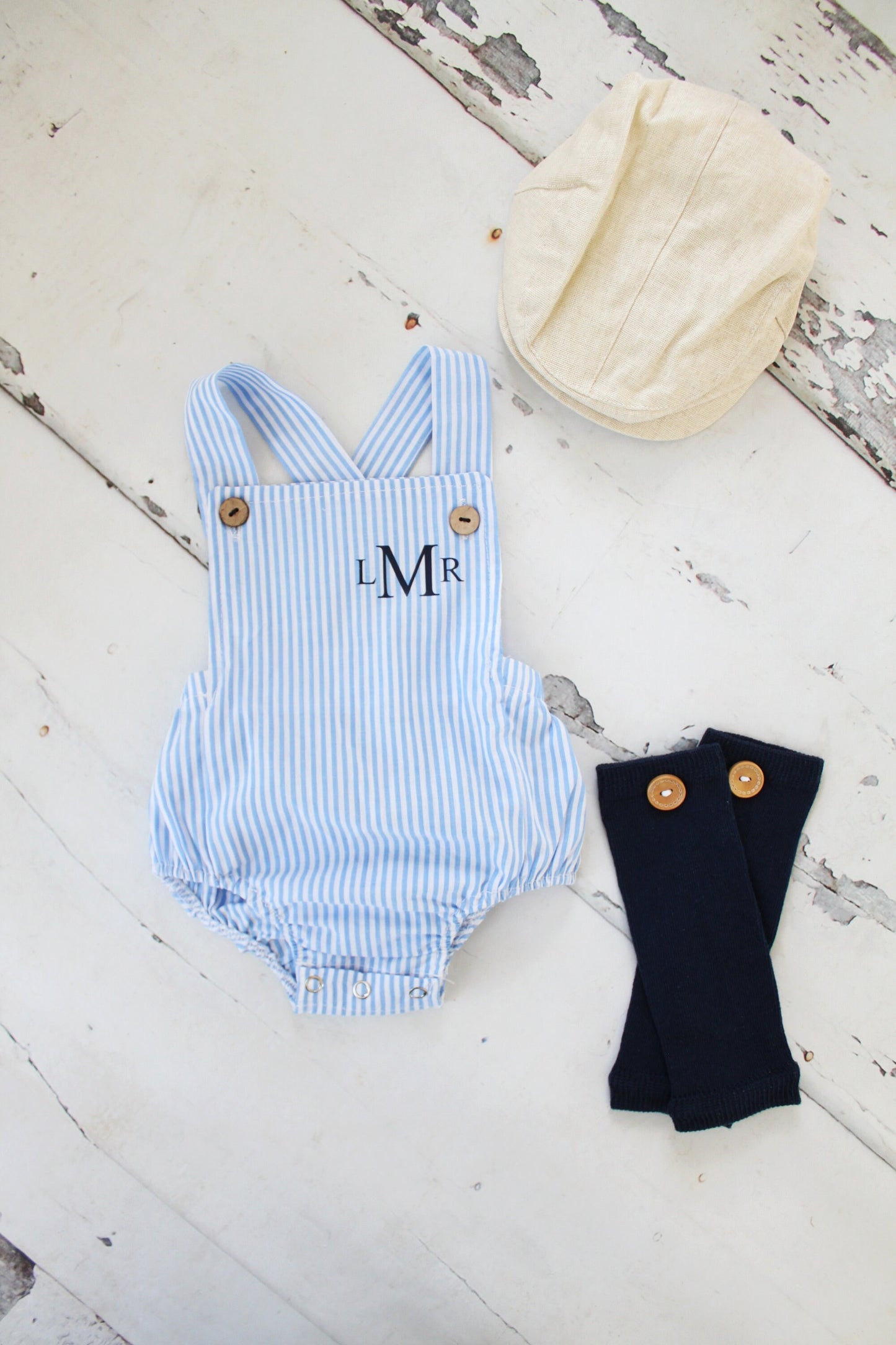 Summer Baby Boy Romper with Monogram or Name. Seersucker Newborn Baby Boy Coming Home Outfit, 1st Birthday Outfit Summertime Newsboy Hat