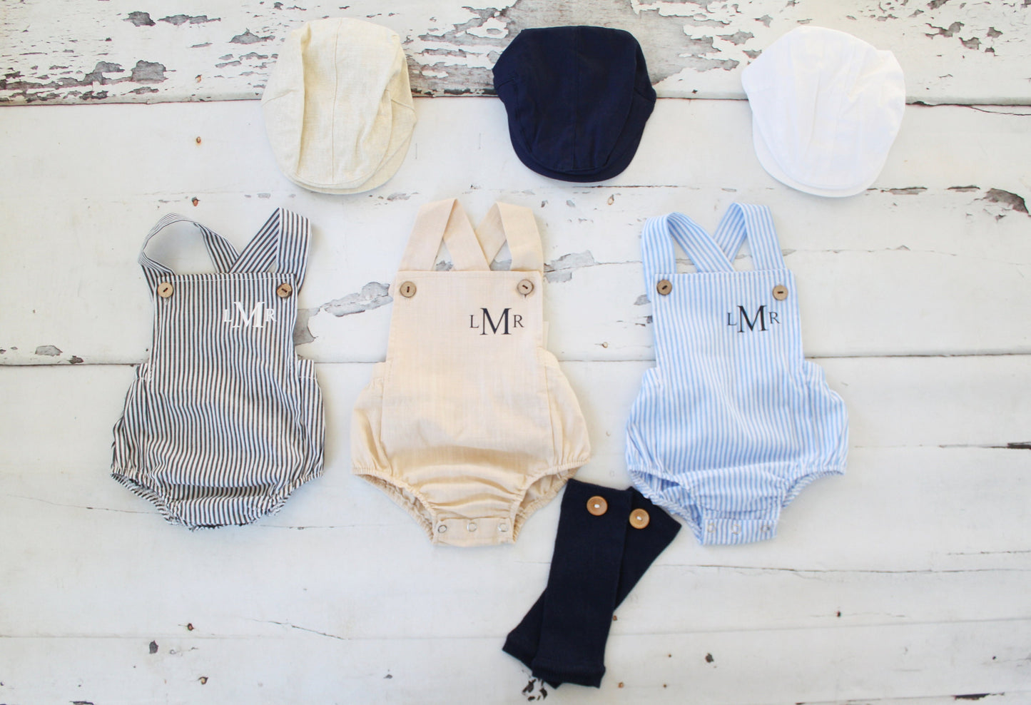 Summer Baby Boy Romper with Monogram or Name. Linen like or Seersucker Newborn Baby Boy Coming Home Outfit, 1st Birthday Outfit Newsboy Hat