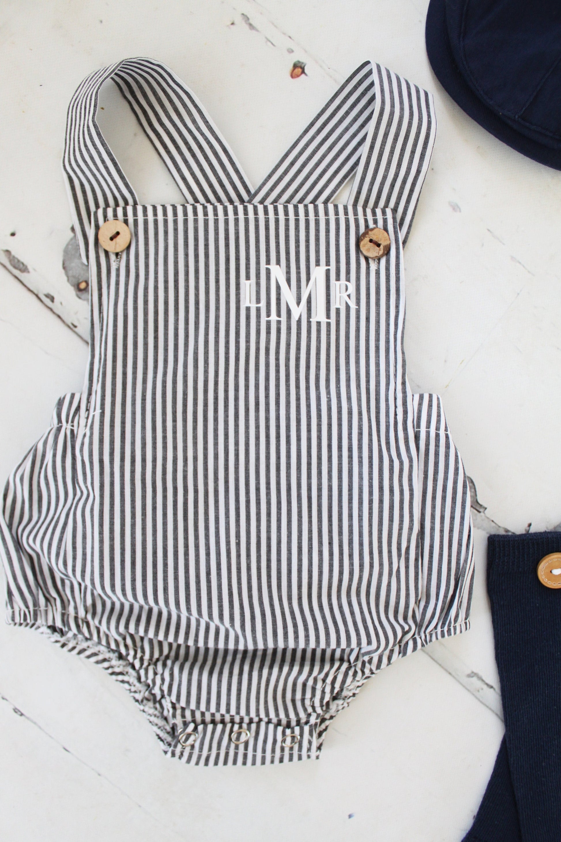 Summer Baby Boy Romper with Monogram or Name. Linen like or Seersucker Newborn Baby Boy Coming Home Outfit, 1st Birthday Outfit Newsboy Hat