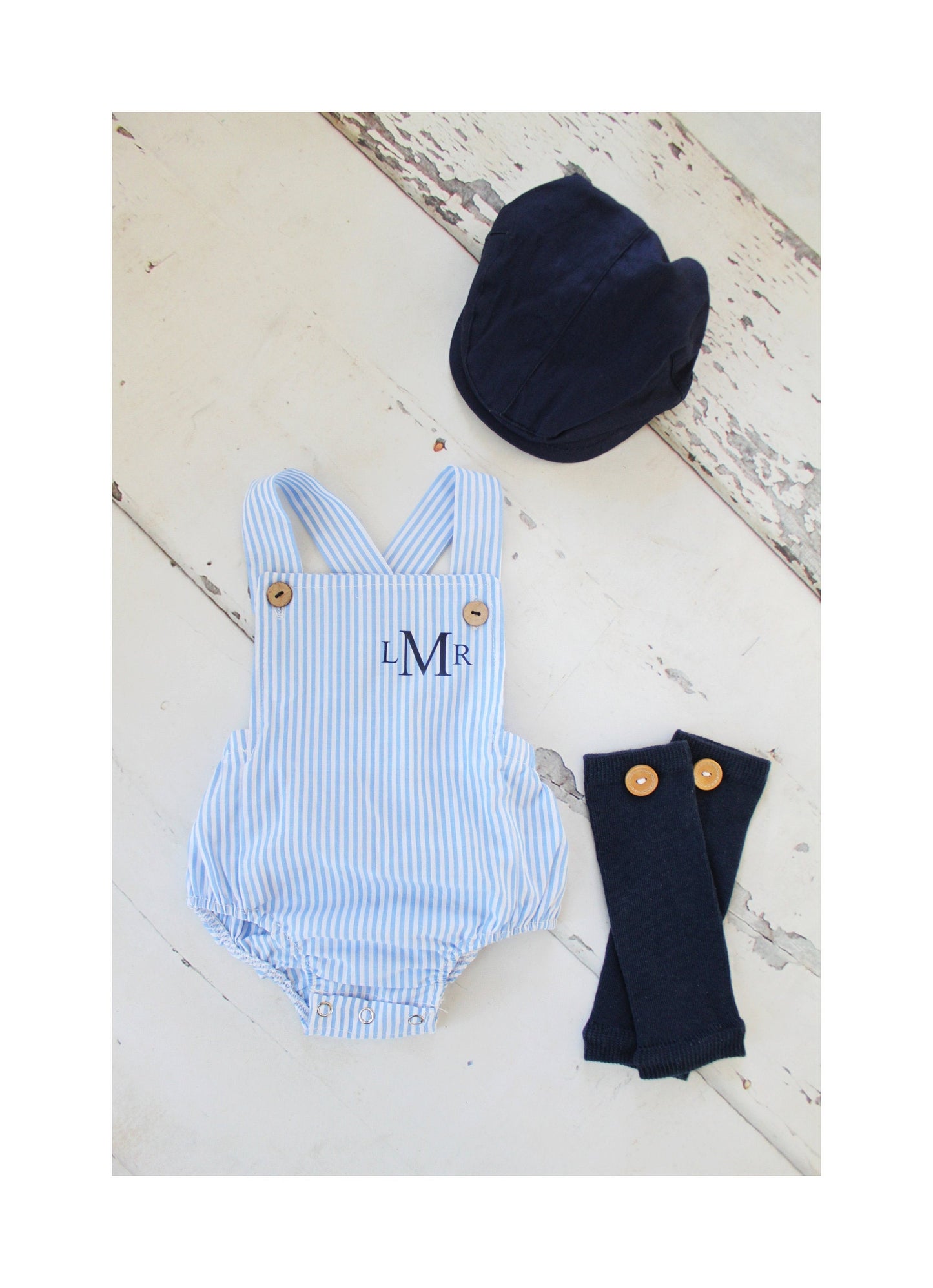 Summer Baby Boy Romper with Monogram or Name. Seersucker Newborn Baby Boy Coming Home Outfit, 1st Birthday Outfit Summertime Newsboy Hat