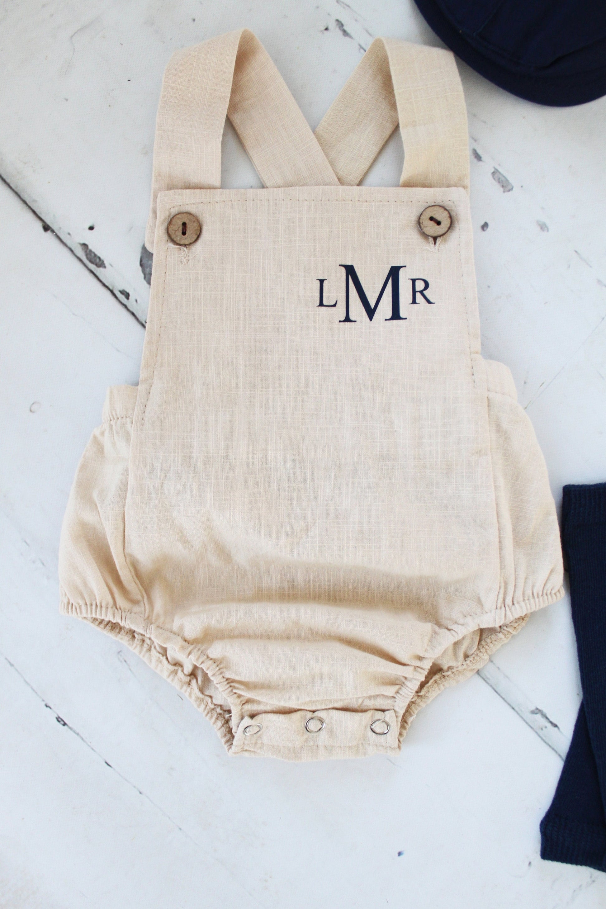 Easter Spring Baby Boy Romper with Monogram or Name Khaki Linen Like Newborn Baby Boy Coming Home Outfit 1st Birthday Outfit Newsboy Hat