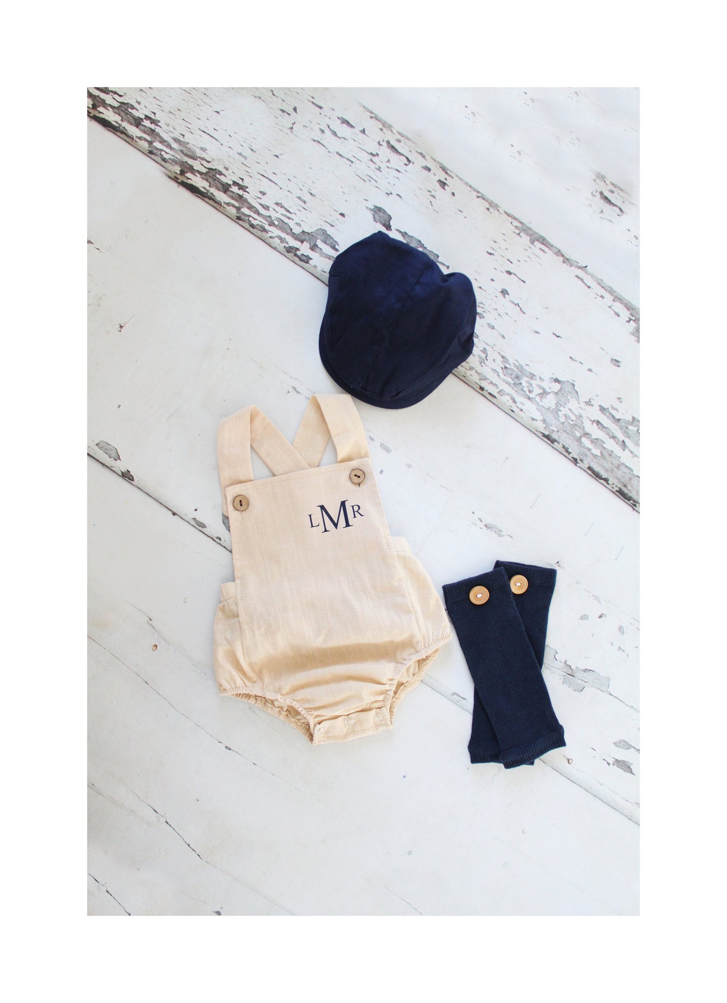 Easter Spring Baby Boy Romper with Monogram or Name Khaki Linen Like Newborn Baby Boy Coming Home Outfit 1st Birthday Outfit Newsboy Hat