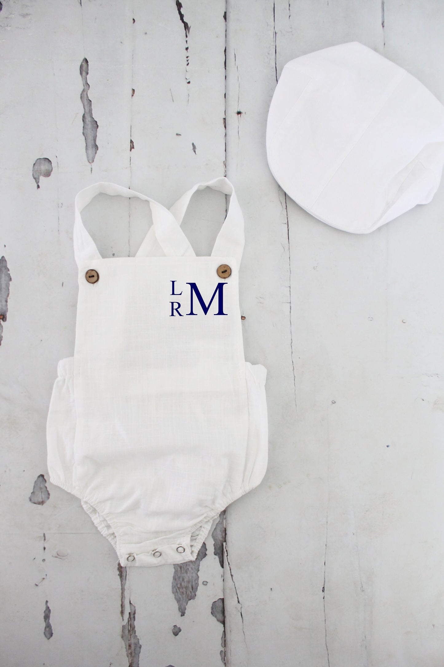 Summer Baby Boy White Romper with Monogram or Name. Linen like Newborn Baby Boy Coming Home Outfit, 1st Birthday Outfit Newsboy Hat Baptism