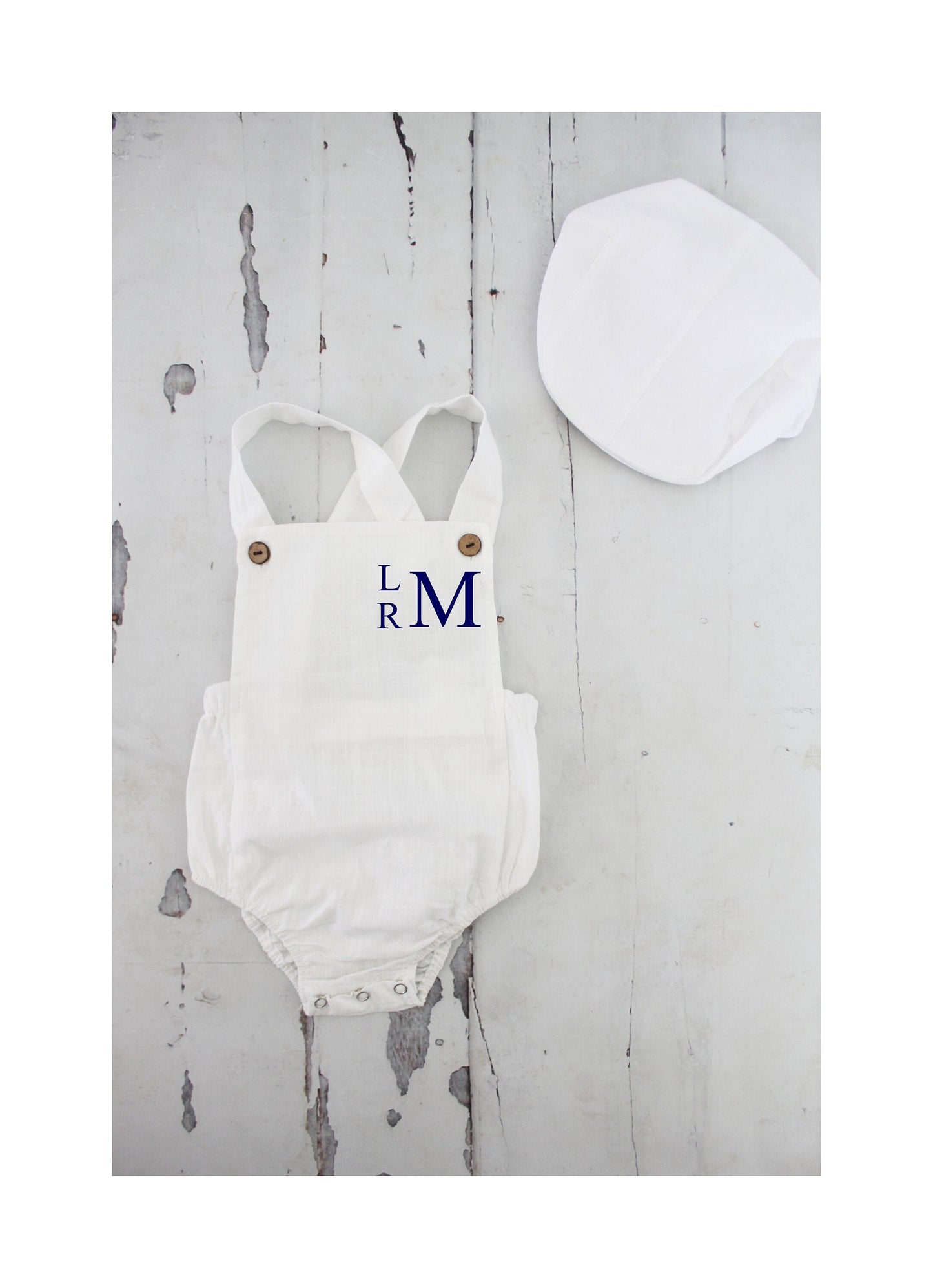 Summer Baby Boy White Romper with Monogram or Name. Linen like Newborn Baby Boy Coming Home Outfit, 1st Birthday Outfit Newsboy Hat Baptism