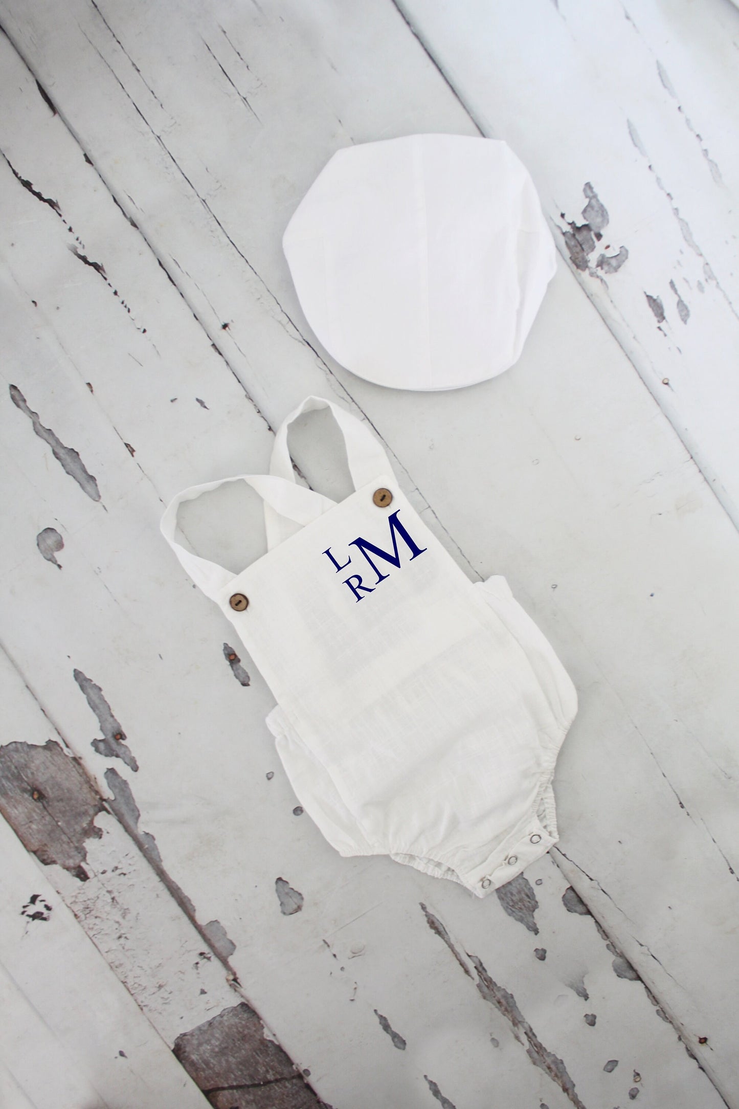 Summer Baby Boy White Romper with Monogram or Name. Linen like Newborn Baby Boy Coming Home Outfit, 1st Birthday Outfit Newsboy Hat Baptism