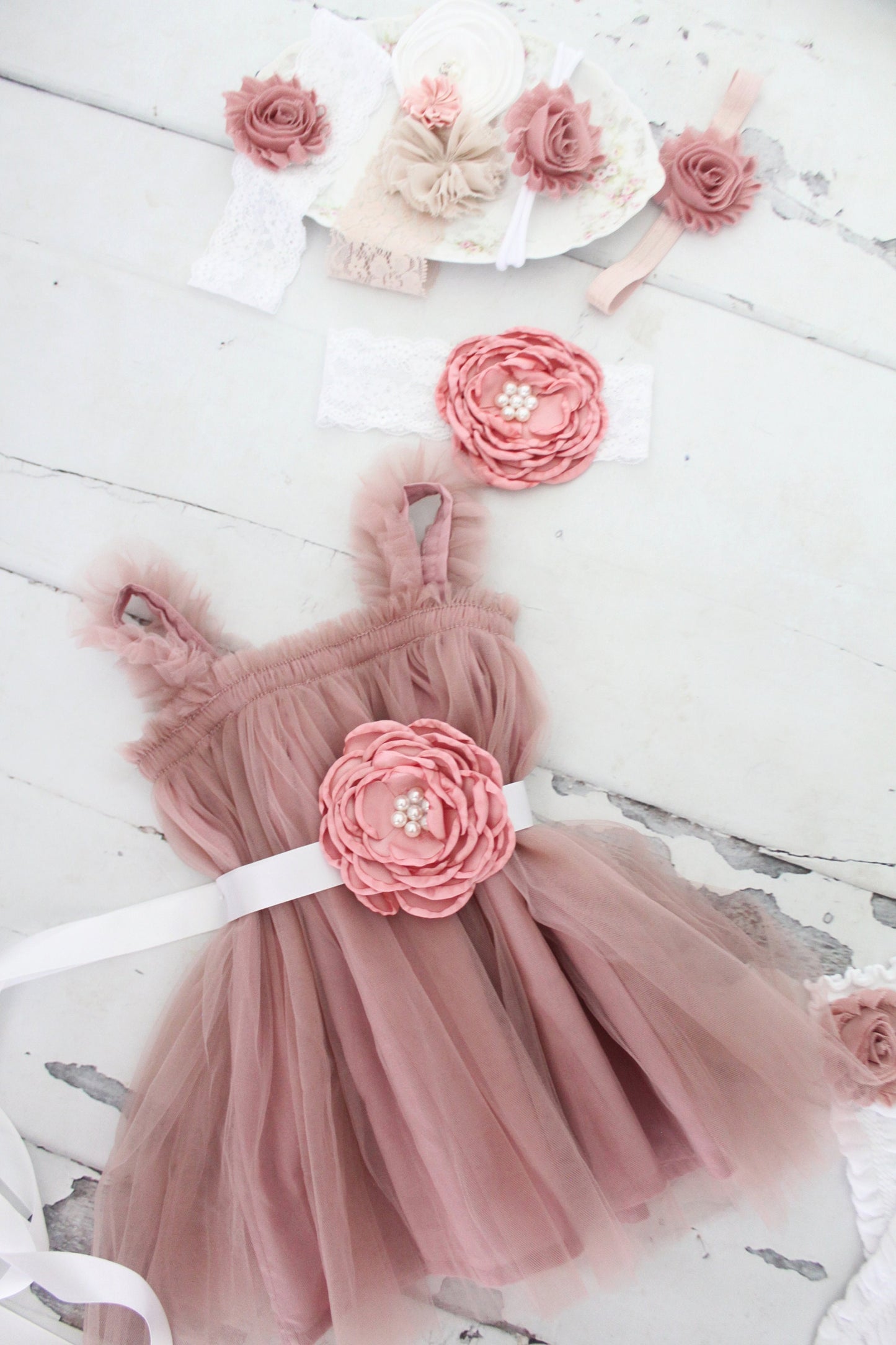 Easter Spring Baby Girl Boho Tulle Tutu Dress, Sash & Lace Rose Headband Valentines Day 1st Birthday Outfit Wedding Flower Girl Pink Chiffon