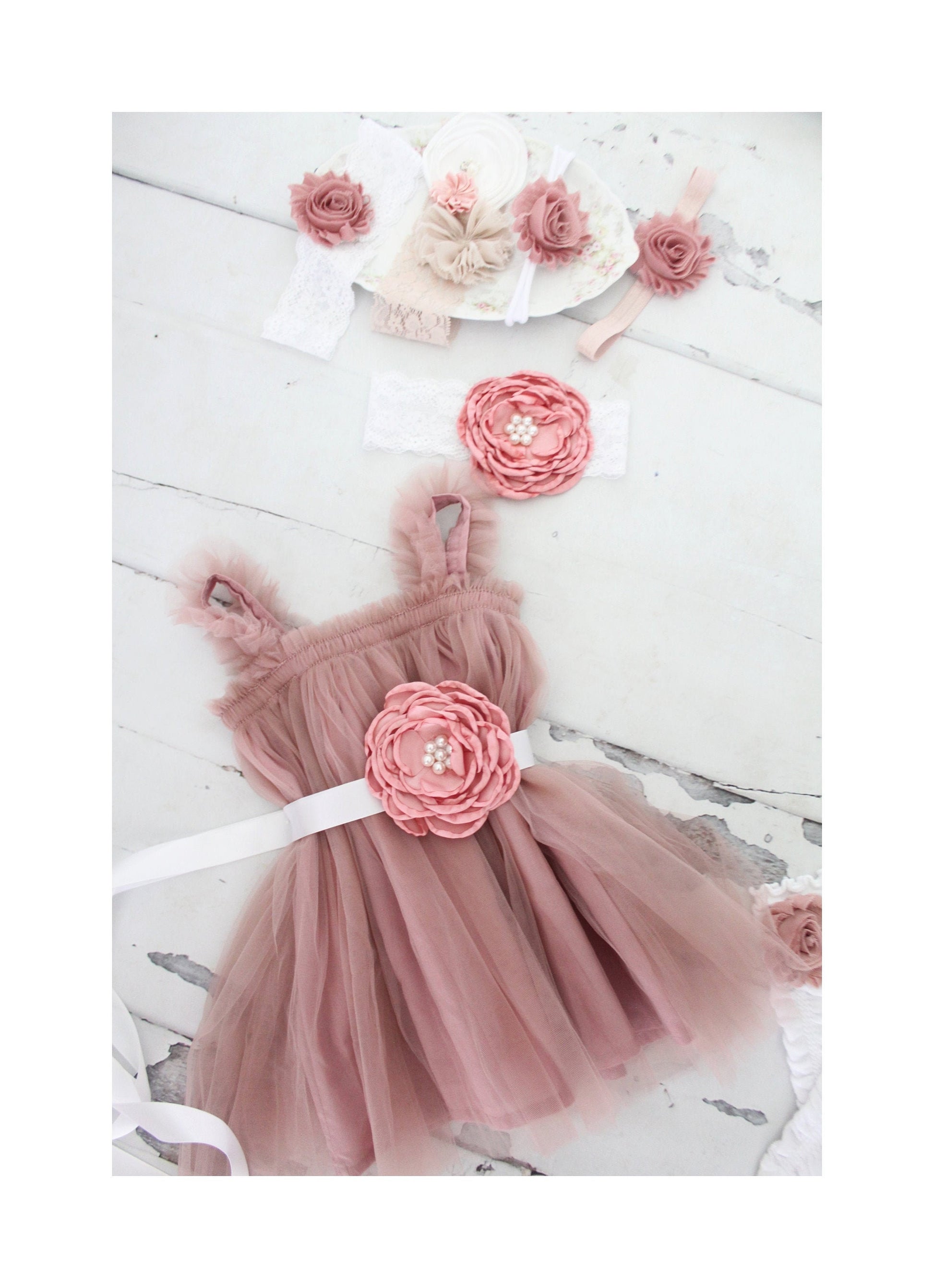 Easter Spring Baby Girl Boho Tulle Tutu Dress, Sash & Lace Rose Headband Valentines Day 1st Birthday Outfit Wedding Flower Girl Pink Chiffon