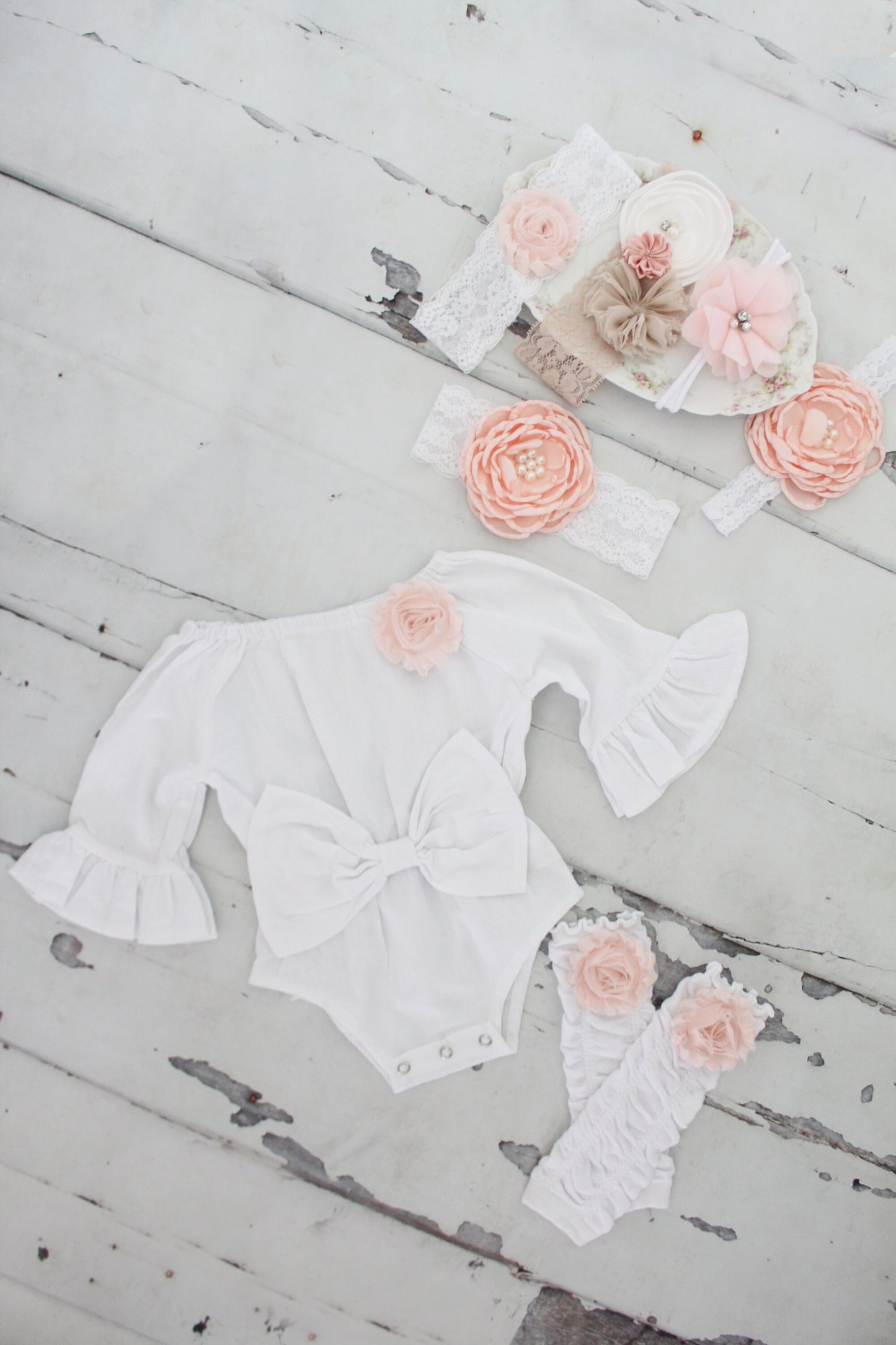 Easter Spring Boho Chic White Long Sleeve Romper w Bow, Leg Warmers & Headband. Newborn Baby Girl Coming Home Outfit 1st Birthday Outfit