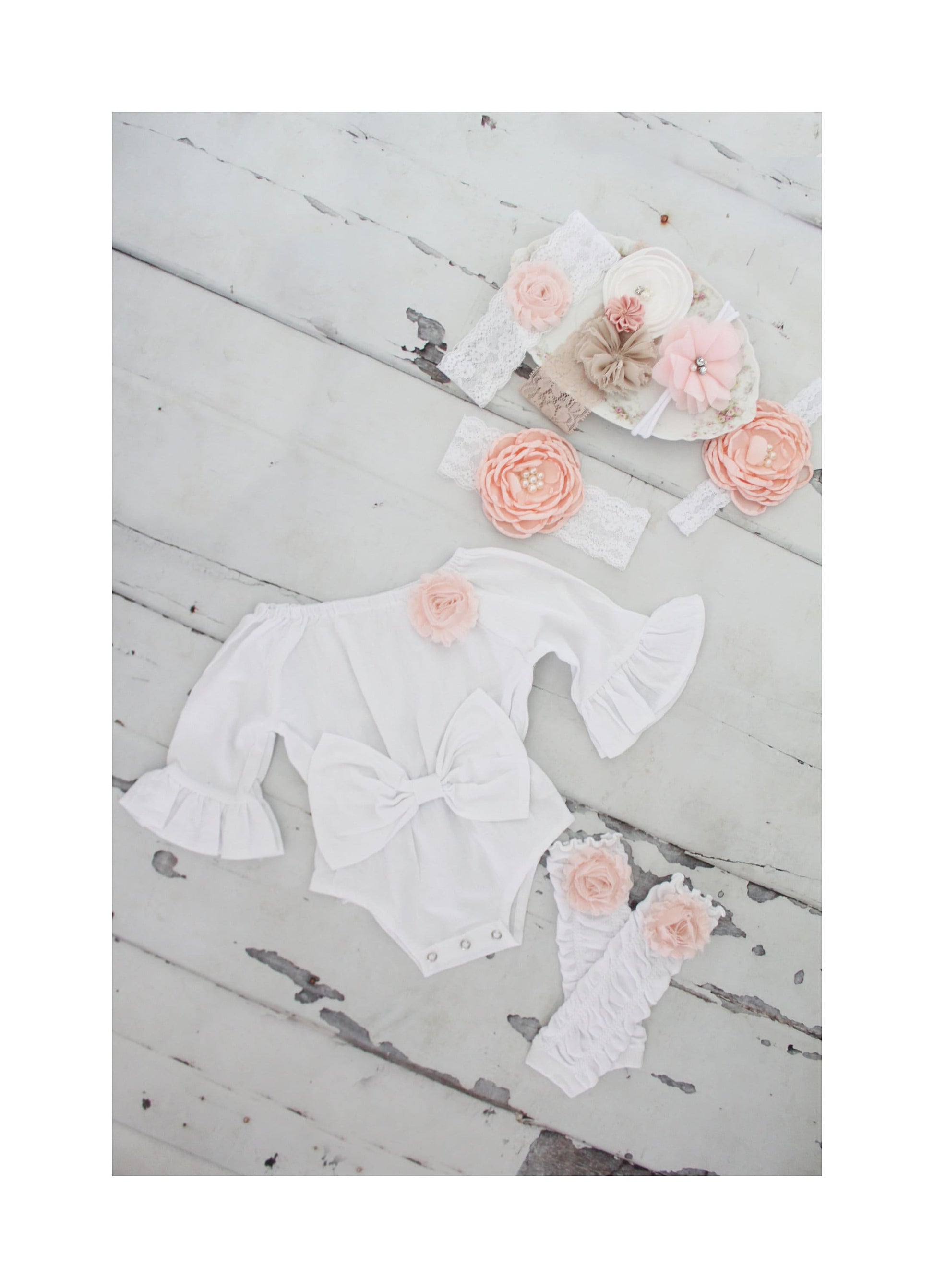 Easter Spring Boho Chic White Long Sleeve Romper w Bow, Leg Warmers & Headband. Newborn Baby Girl Coming Home Outfit 1st Birthday Outfit