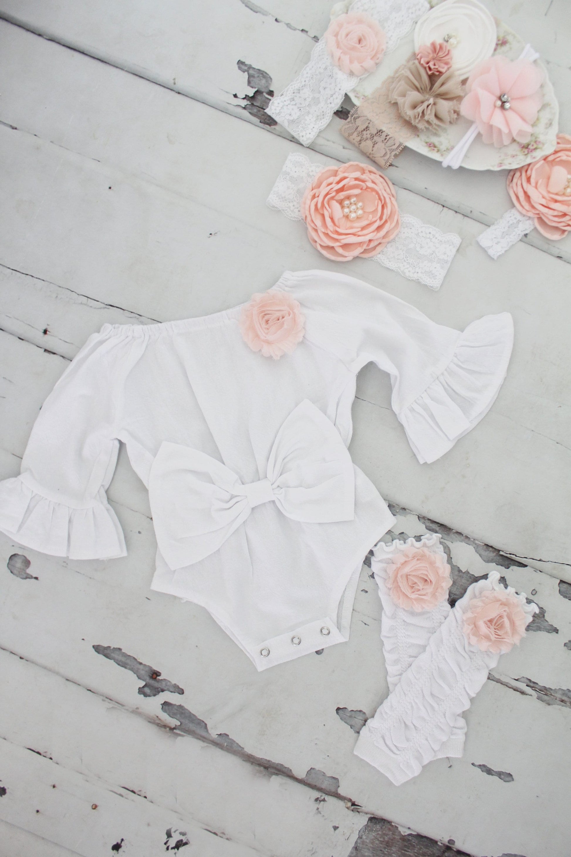 Easter Spring Boho Chic White Long Sleeve Romper w Bow, Leg Warmers & Headband. Newborn Baby Girl Coming Home Outfit 1st Birthday Outfit