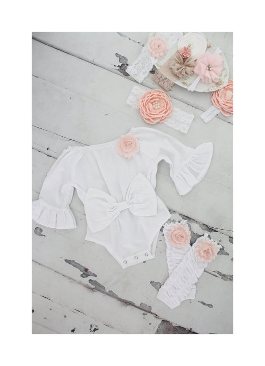 Easter Spring Boho Chic White Long Sleeve Romper w Bow, Leg Warmers & Headband. Newborn Baby Girl Coming Home Outfit 1st Birthday Outfit