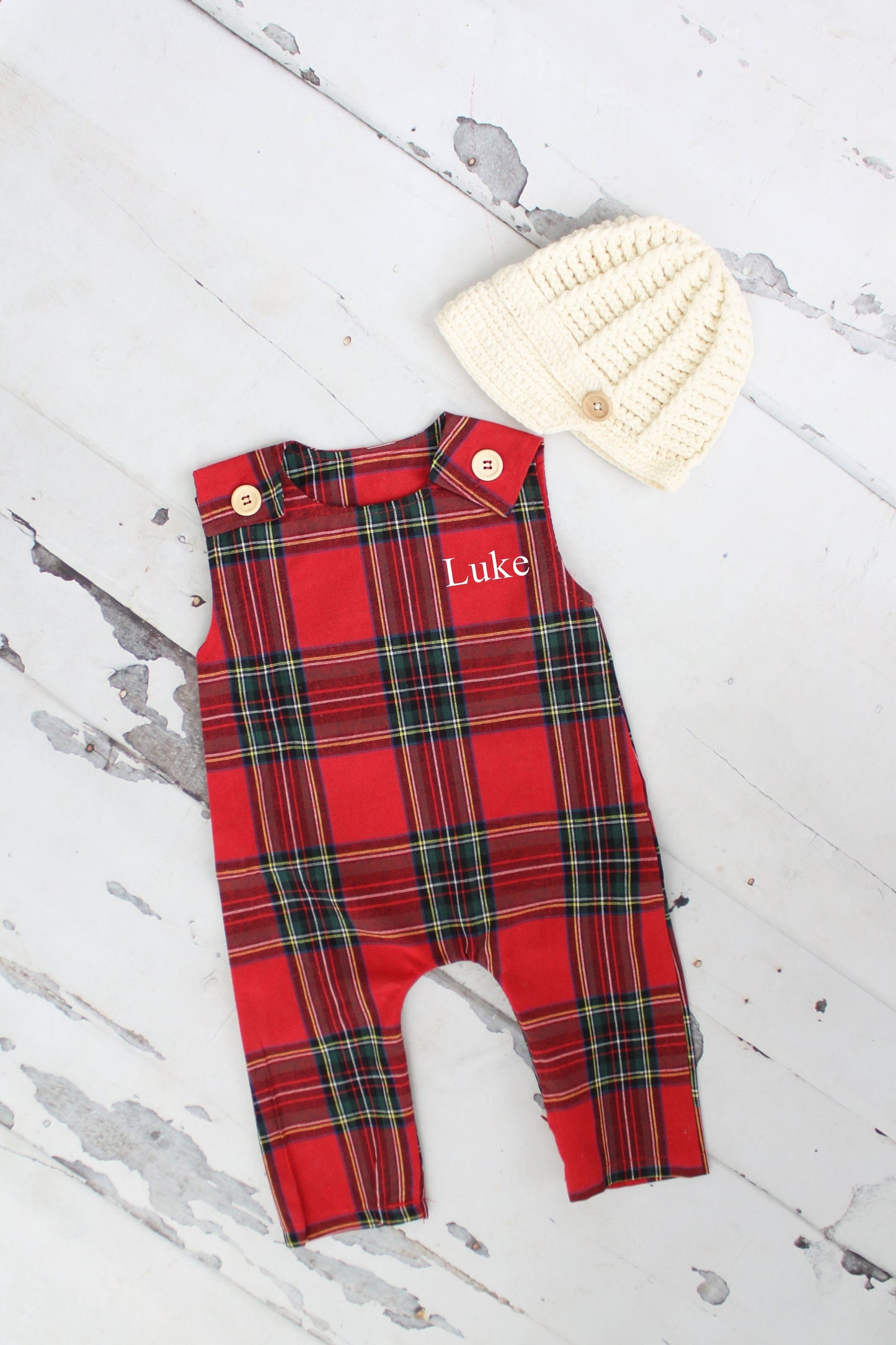 Christmas Holiday Baby Boy Jumpsuit Romper with Monogram or Name. Red Plaid Baby Boy Coming Home Outfit 1st Birthday Outfit Knit Newsboy Hat