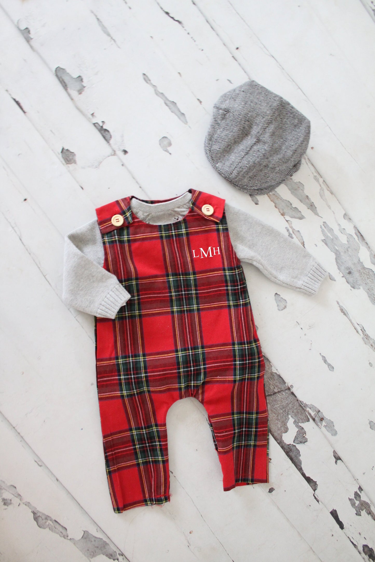 Christmas Holiday Baby Boy Jumpsuit Romper with Monogram or Name. Red Plaid Baby Boy Coming Home Outfit 1st Birthday Outfit Newsboy Hat