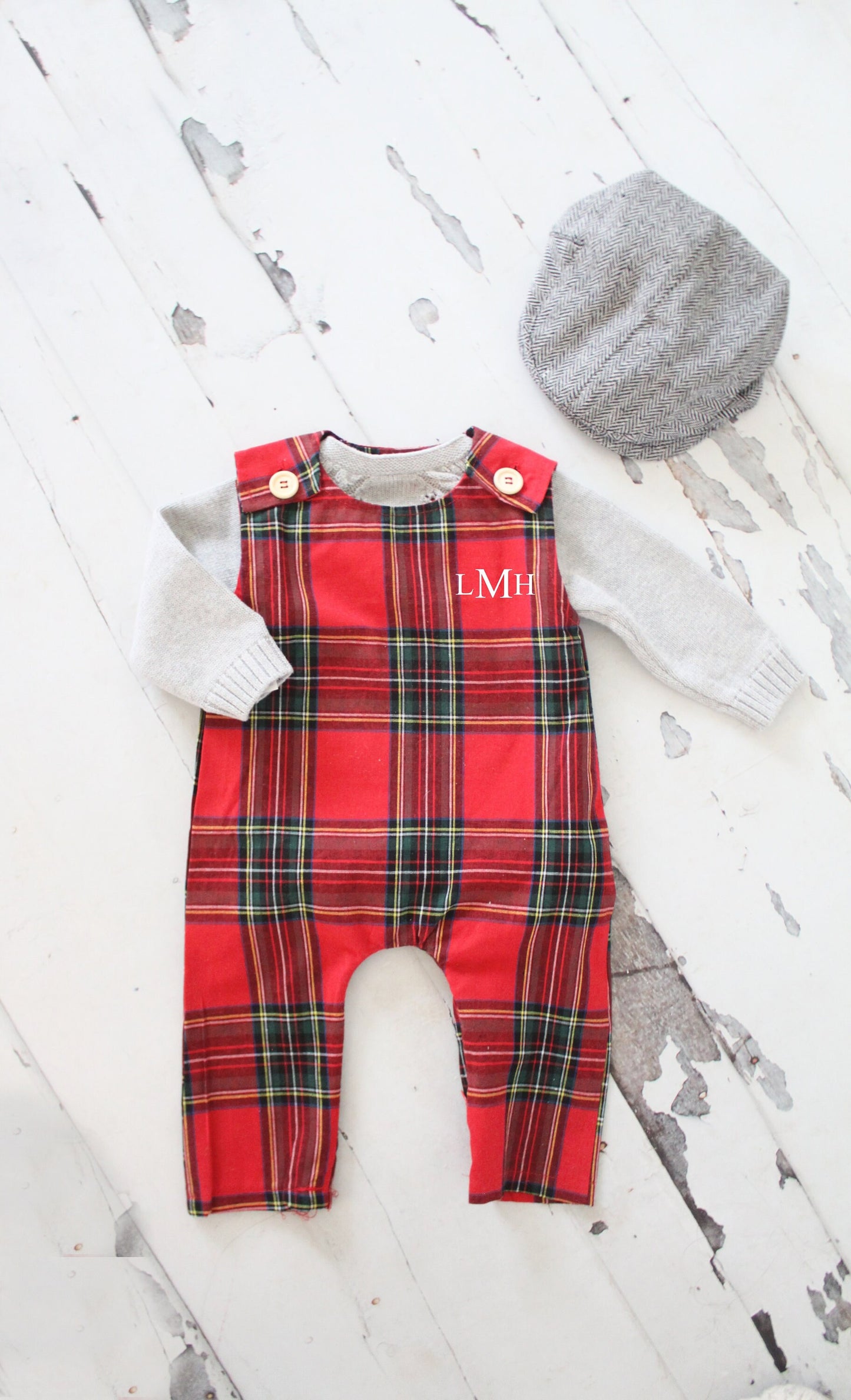 Christmas Holiday Baby Boy Jumpsuit Romper with Monogram or Name. Red Plaid Baby Boy Coming Home Outfit 1st Birthday Outfit Newsboy Hat