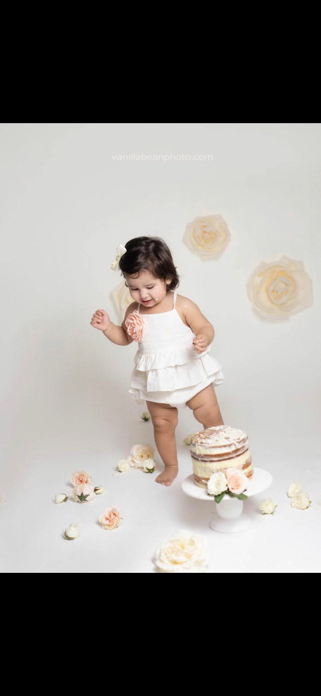 Summer Boho Baby Girl Ruffle Linen Like Sunsuit Romper, Diaper Cover, Rose Clip & Headband Newborn Coming Home Outfit 1st Birthday Outfit