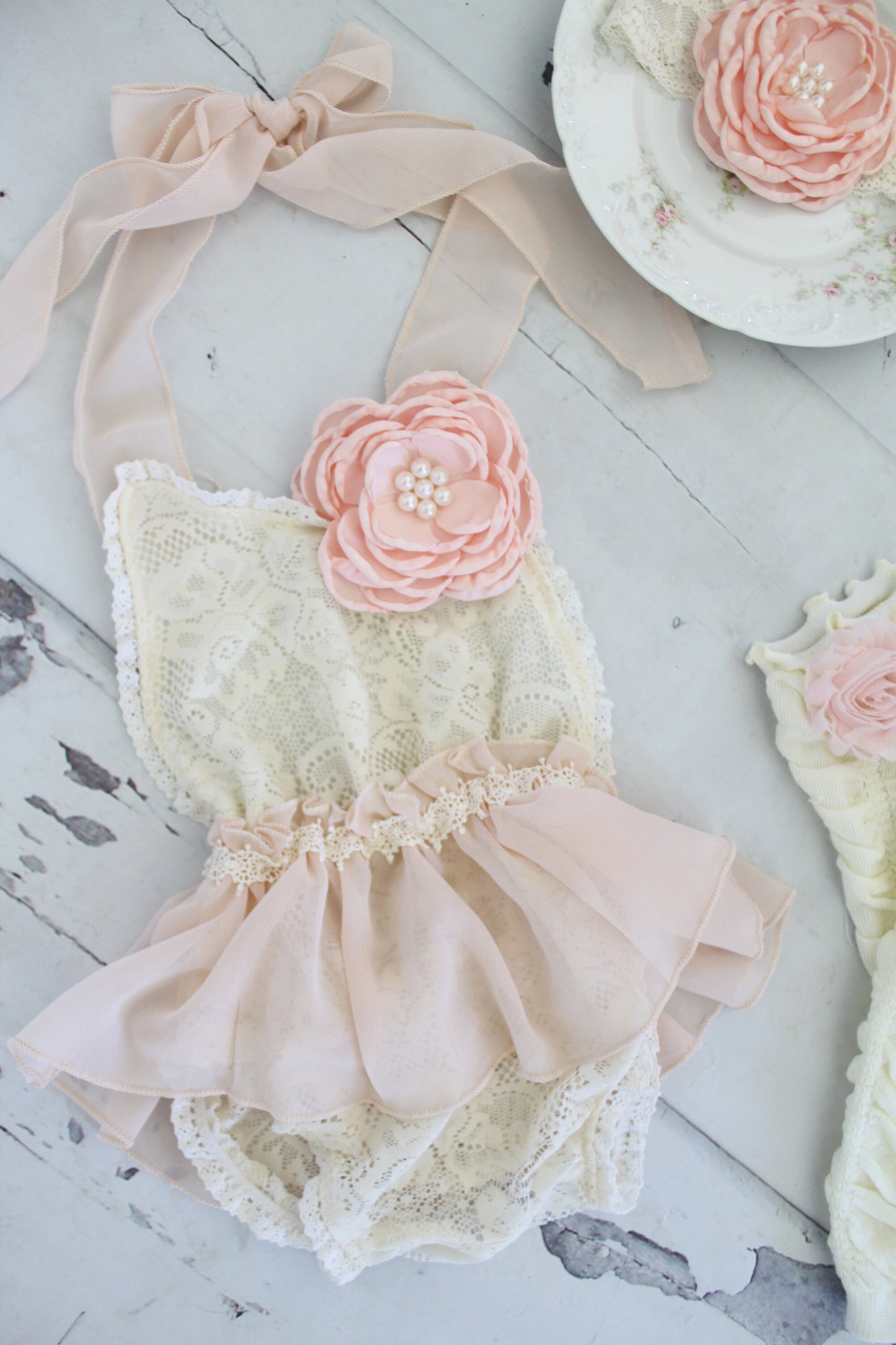 Boho Lace Baby Girl Cream and White Romper w Blush Clip, Eyelet Lace & Bow, Rustic Wedding Flower Girl, Baby Boho Baptism, 1st Birthday