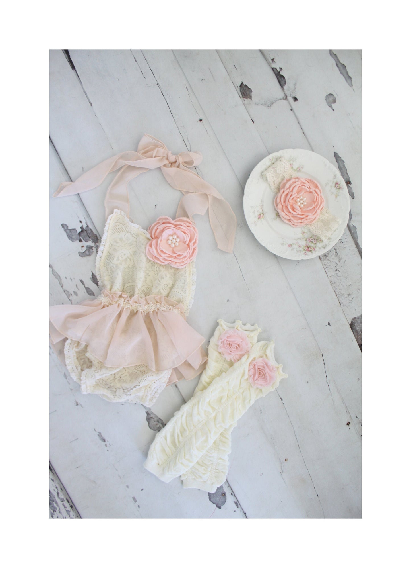 Boho Lace Baby Girl Cream and White Romper w Blush Clip, Eyelet Lace & Bow, Rustic Wedding Flower Girl, Baby Boho Baptism, 1st Birthday