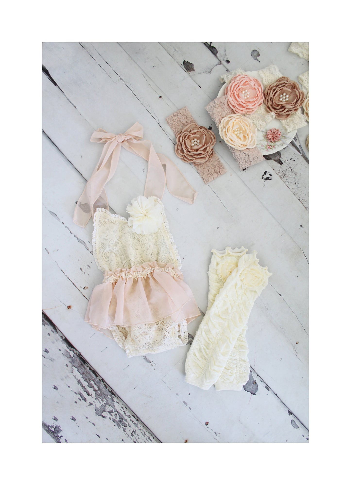 Newborn Baby Girl Photo Prop Boho Lace Halter Romper w Sheer Blush Bow & Headband. Coming Home Outfit, 1st Birthday Outfit Mommy Me Holiday