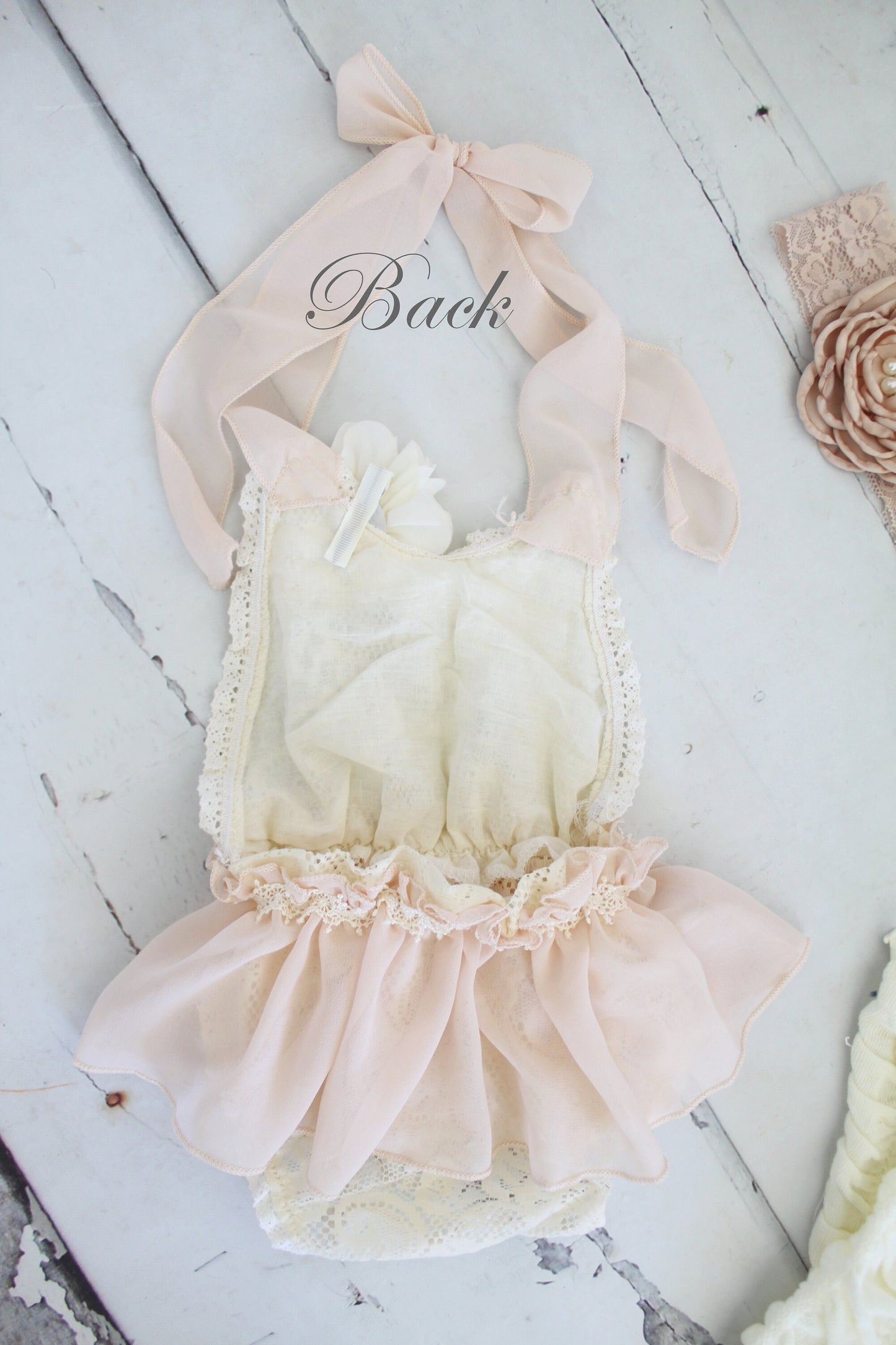 Newborn Baby Girl Photo Prop Boho Lace Halter Romper w Sheer Blush Bow & Headband. Coming Home Outfit, 1st Birthday Outfit Mommy Me Holiday