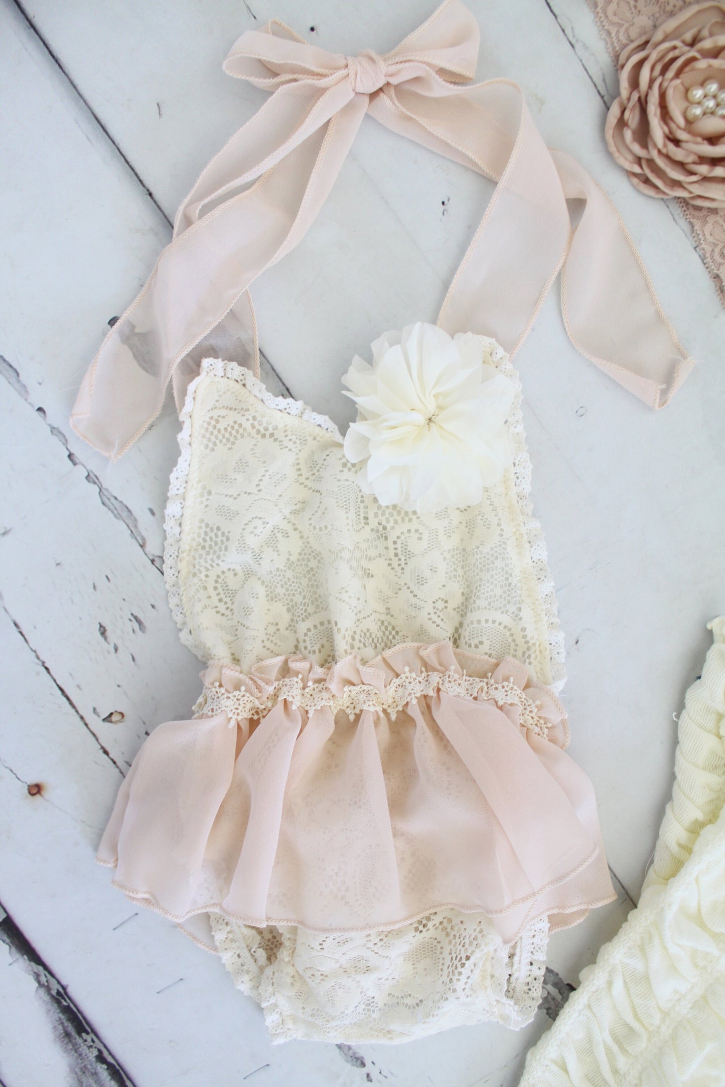 Newborn Baby Girl Photo Prop Boho Lace Halter Romper w Sheer Blush Bow & Headband. Coming Home Outfit, 1st Birthday Outfit Mommy Me Holiday