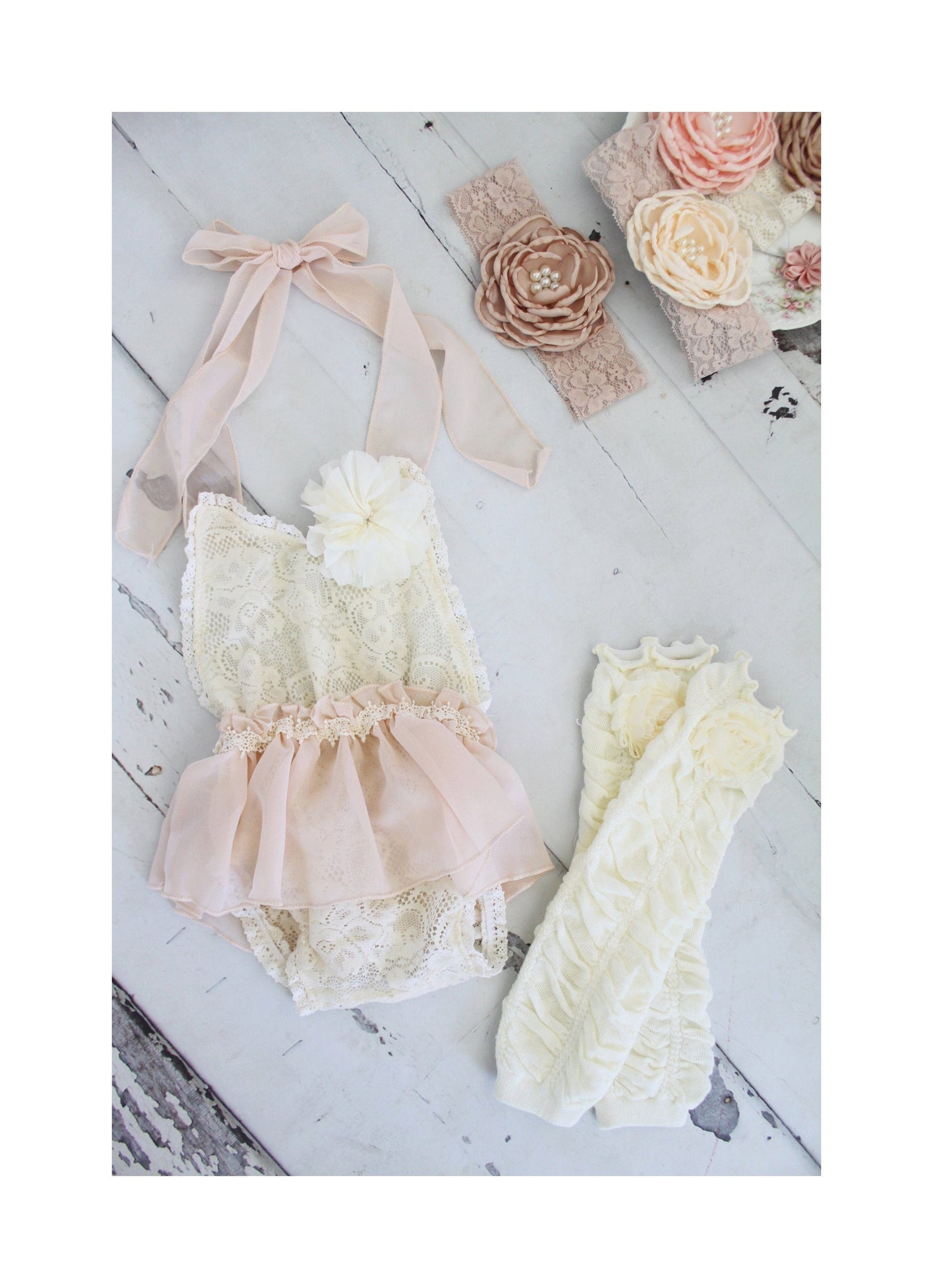 Newborn Baby Girl Photo Prop Boho Lace Halter Romper w Sheer Blush Bow & Headband. Coming Home Outfit, 1st Birthday Outfit Mommy Me Holiday