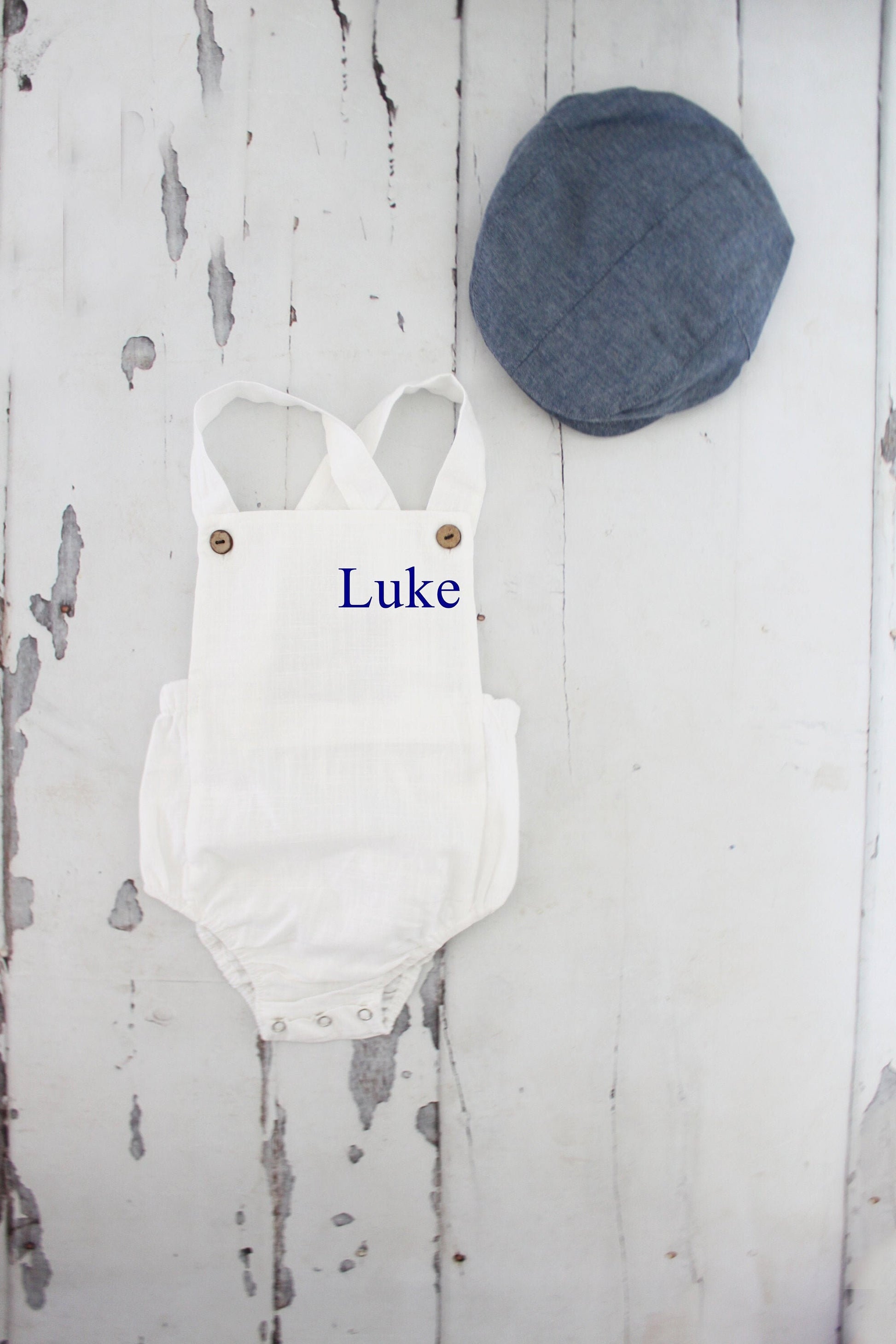 Summer Baby Boy White Romper with Monogram or Name. Linen like Newborn Baby Boy Coming Home Outfit, 1st Birthday Outfit Newsboy Hat Baptism