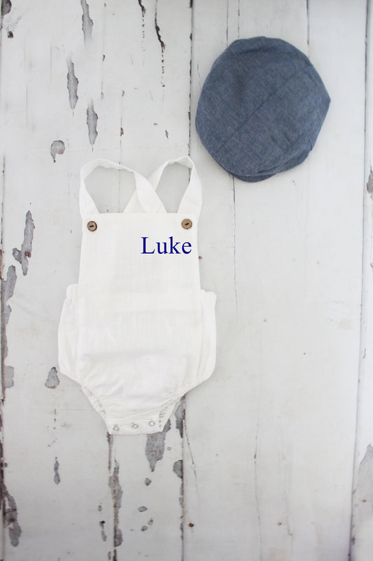 Summer Baby Boy White Romper with Monogram or Name. Linen like Newborn Baby Boy Coming Home Outfit, 1st Birthday Outfit Newsboy Hat Baptism