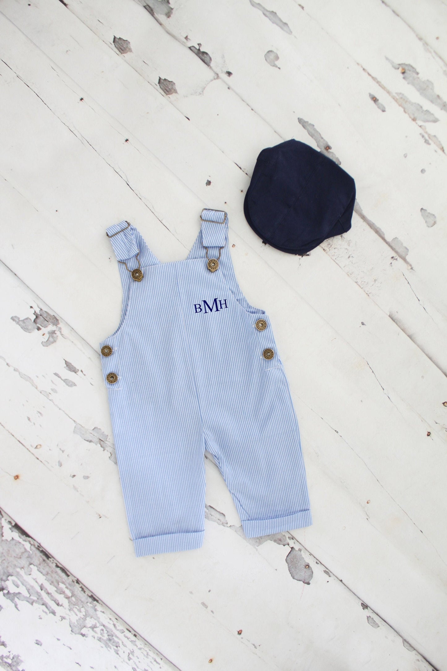 Easter, Summer Baby Boy Overalls Romper w Monogram or Name. Seersucker Newborn Baby Boy Coming Home Outfit 1st Birthday Newsboy Hat Jumper